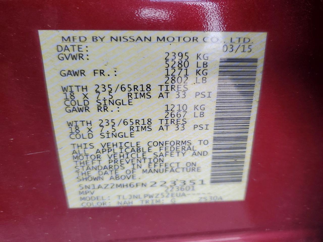 2015 Nissan Murano S Red vin: 5N1AZ2MH6FN223351