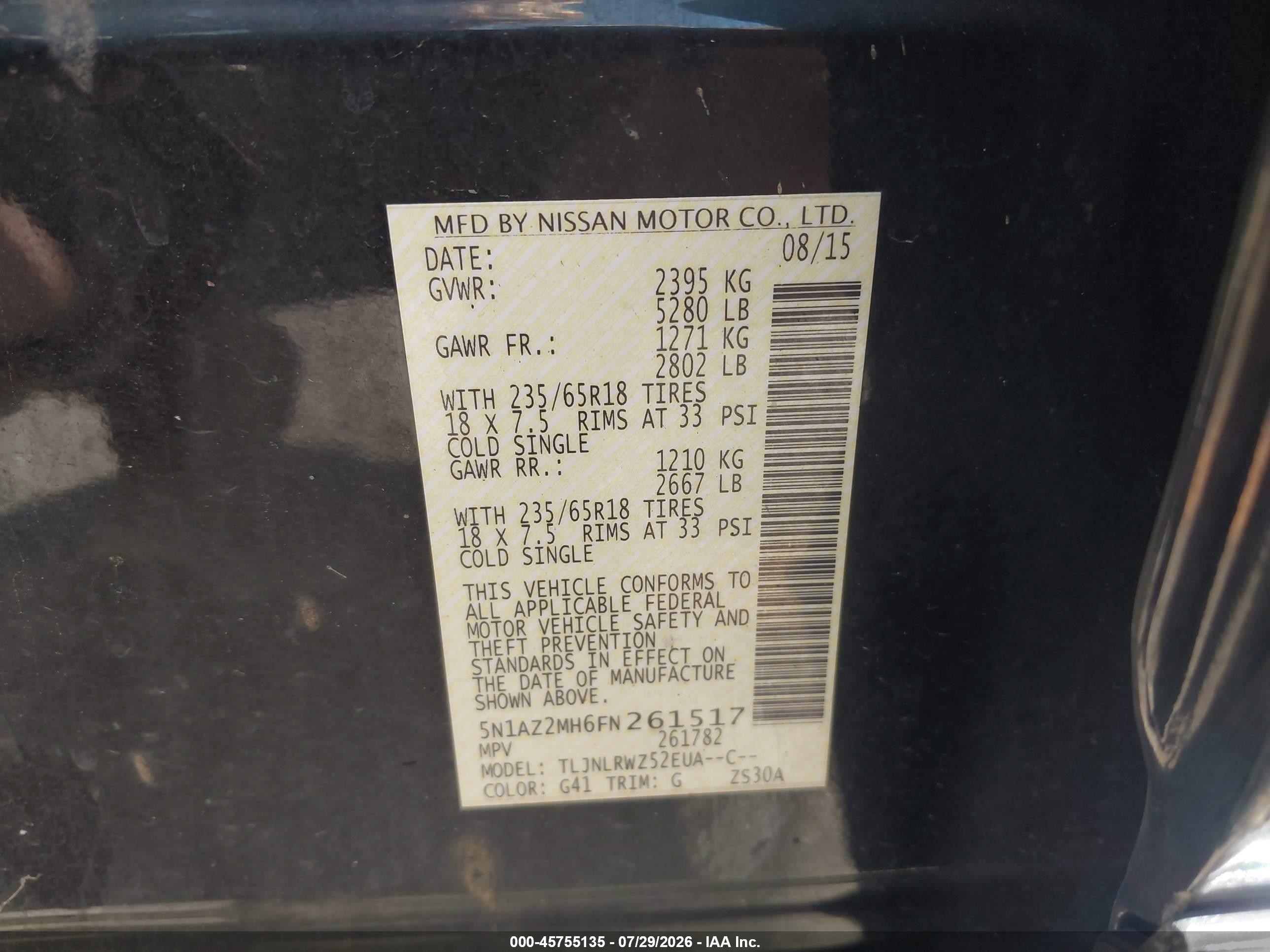 2015 Nissan Murano Sl Black vin: 5N1AZ2MH6FN261517