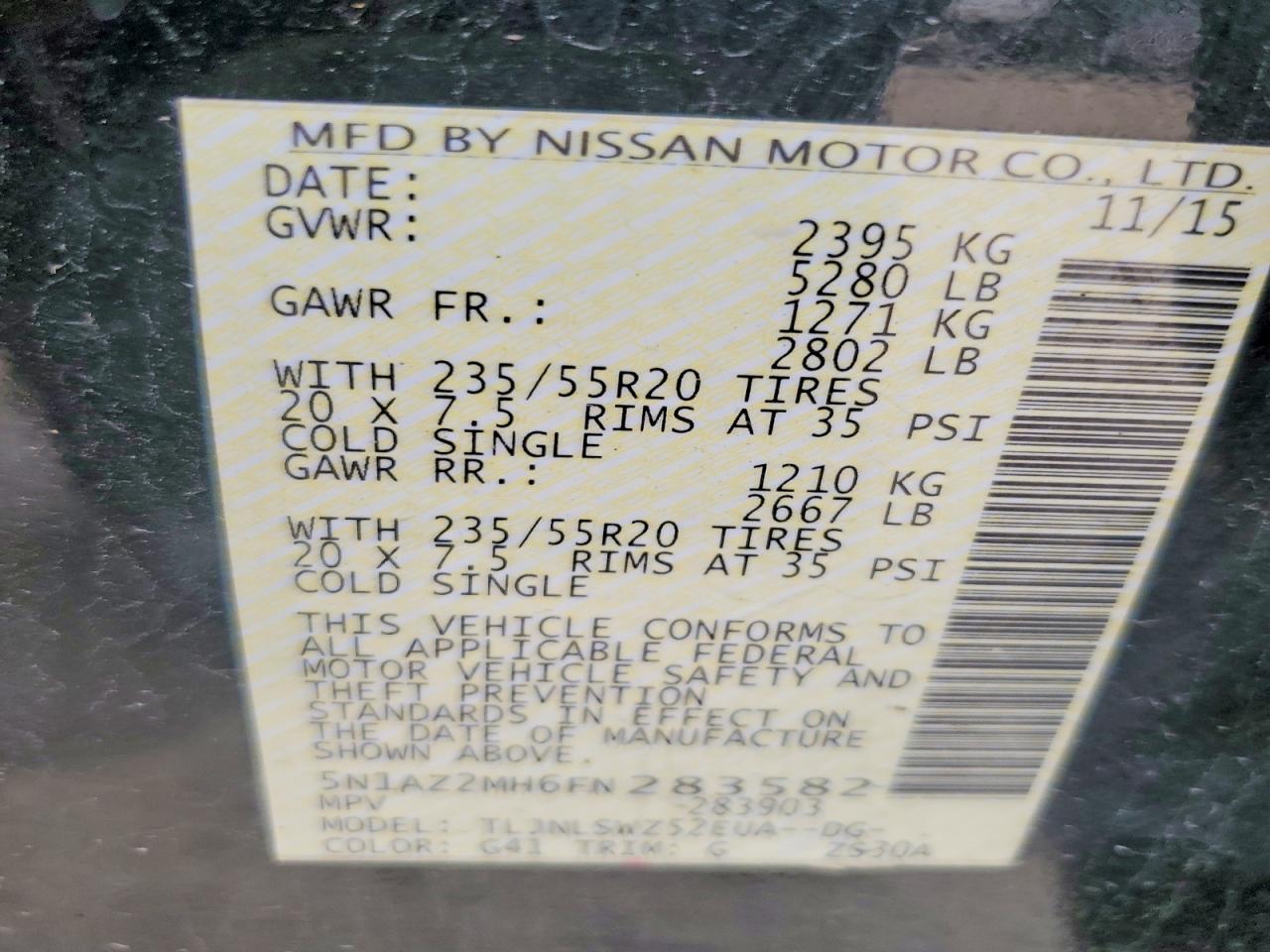 2015 Nissan Murano Platinum Угольный vin: 5N1AZ2MH6FN283582