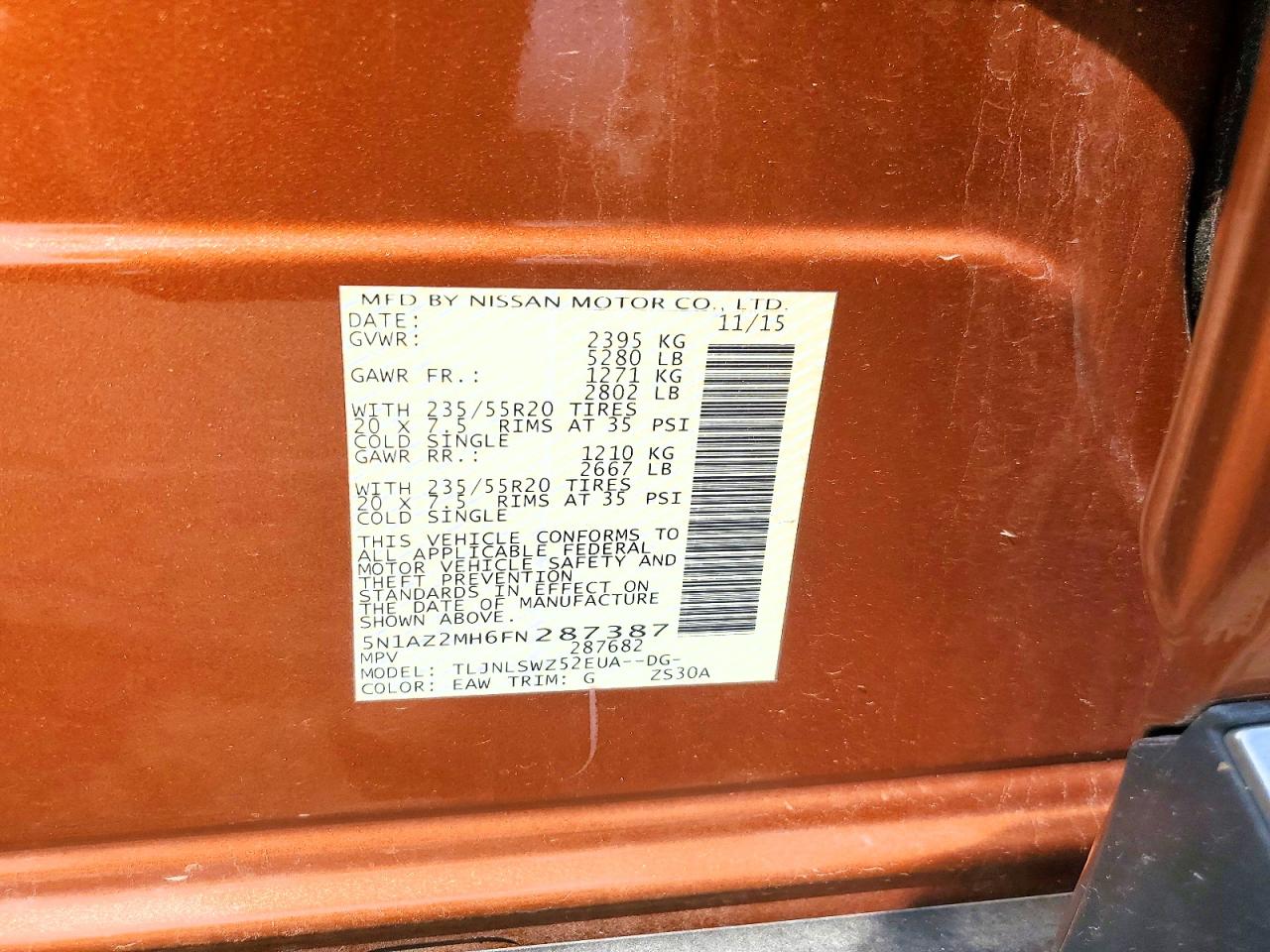 2015 Nissan Murano Platinum Orange vin: 5N1AZ2MH6FN287387