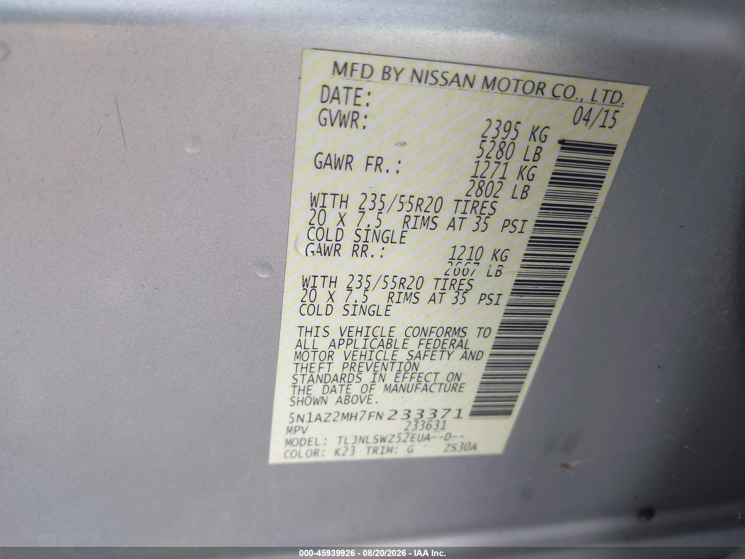 2015 Nissan Murano Platinum Silver vin: 5N1AZ2MH7FN233371