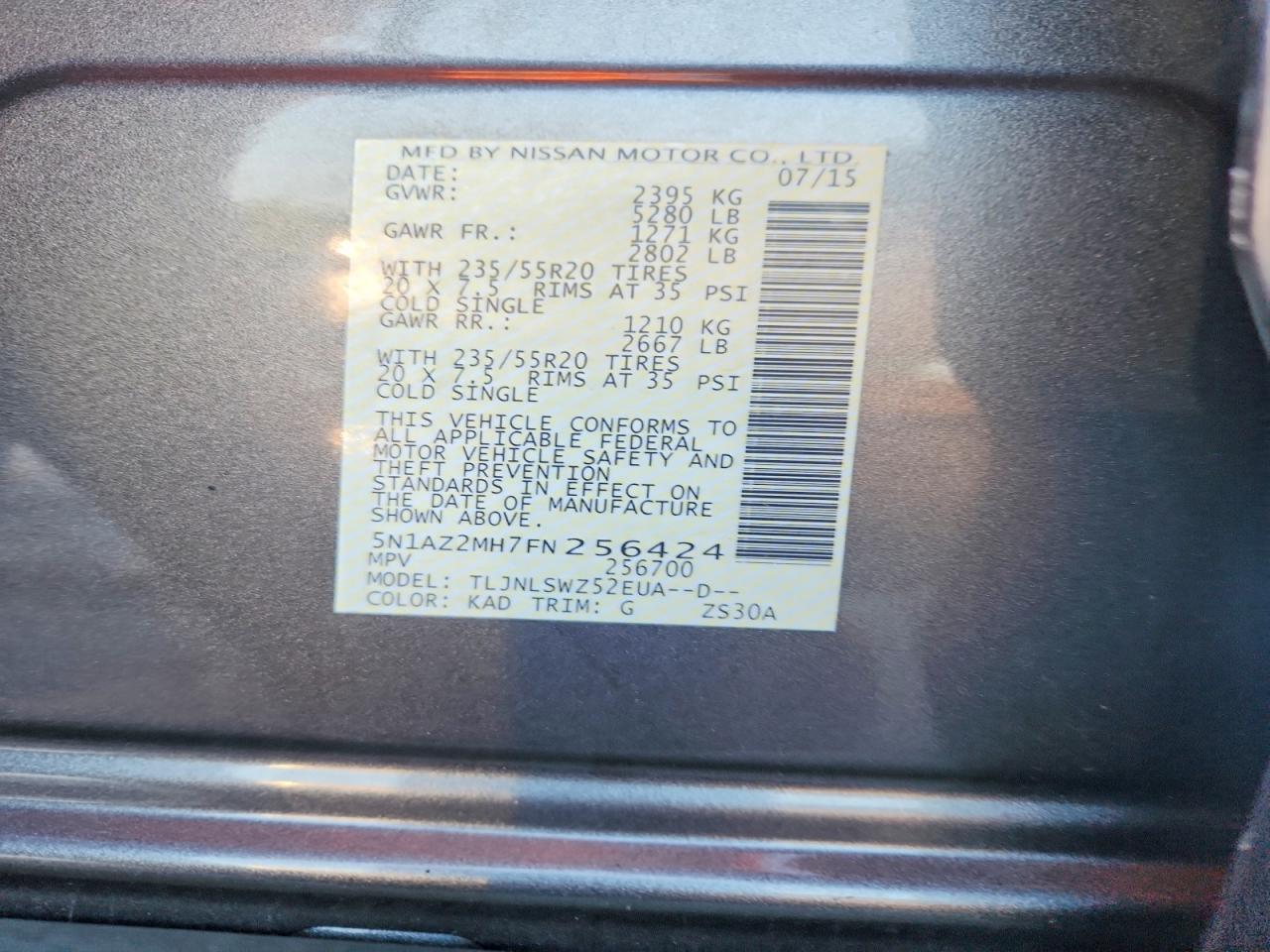 2015 Nissan Murano Platinum Gray vin: 5N1AZ2MH7FN256424