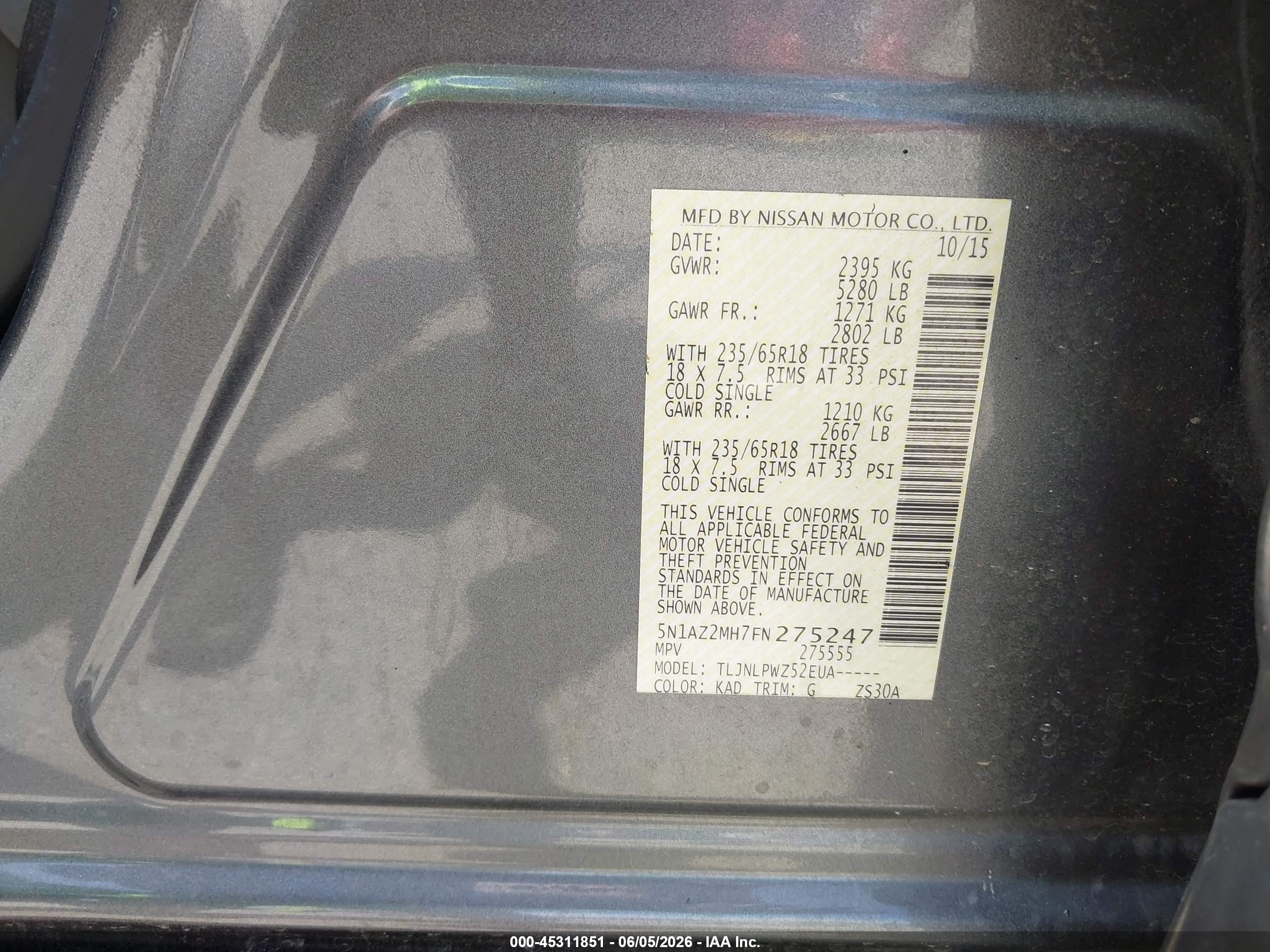2015 Nissan Murano S Gray vin: 5N1AZ2MH7FN275247
