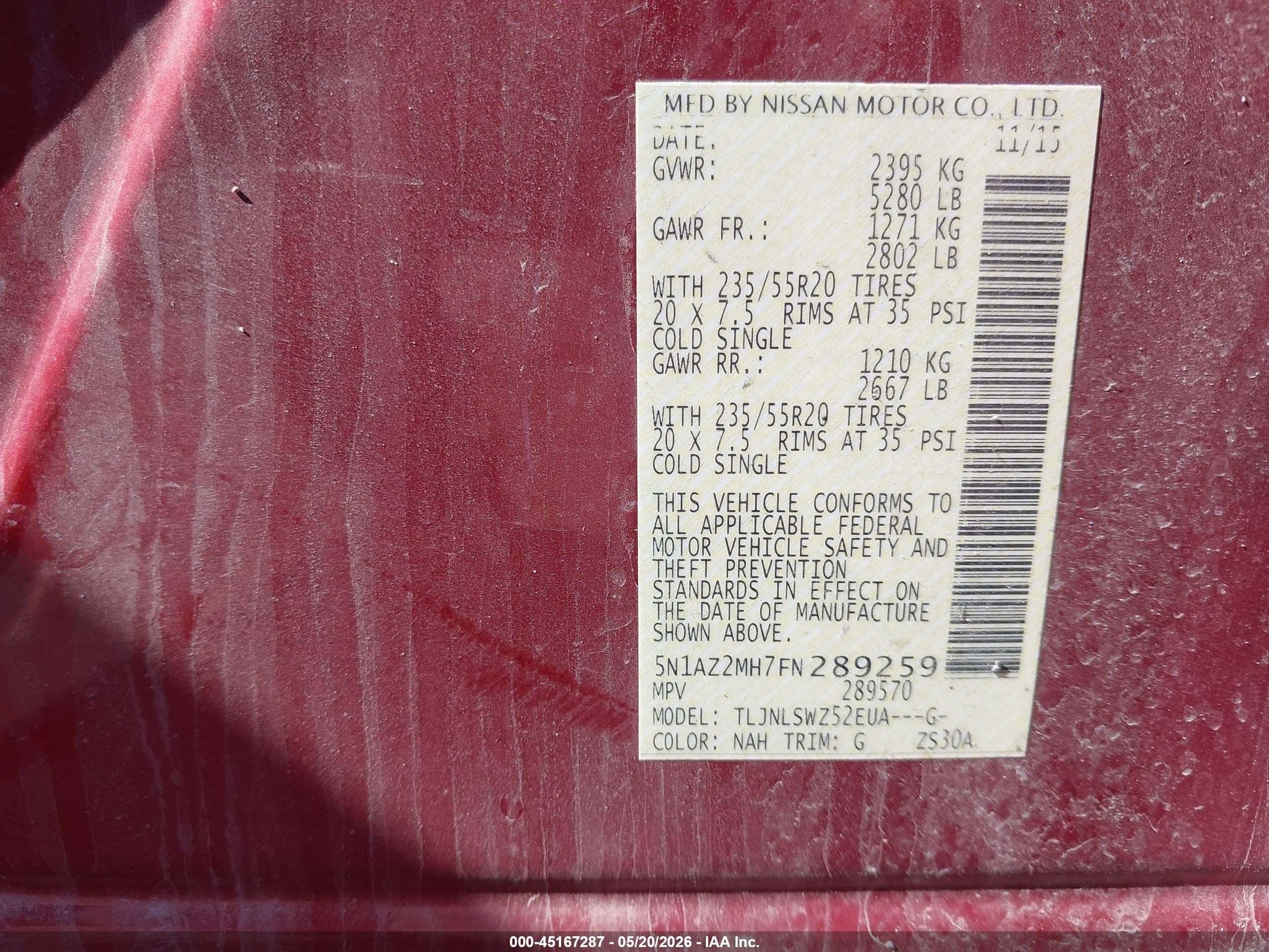 2015 Nissan Murano Platinum Red vin: 5N1AZ2MH7FN289259