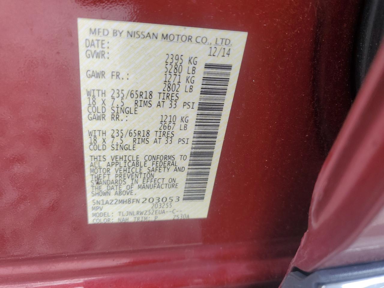 2015 Nissan Murano Sl Red vin: 5N1AZ2MH8FN203053