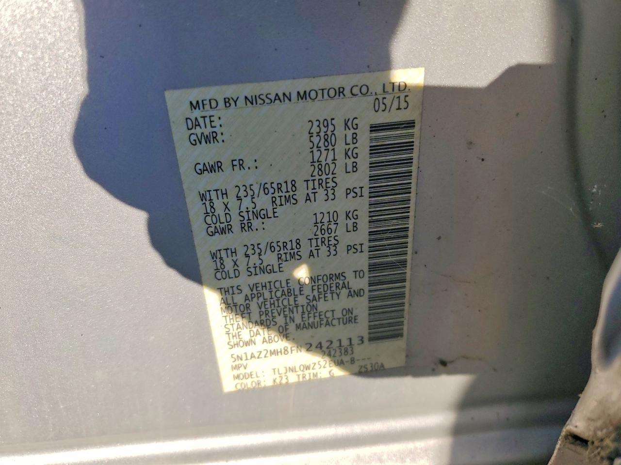 2015 Nissan Murano Sv Серый vin: 5N1AZ2MH8FN242113