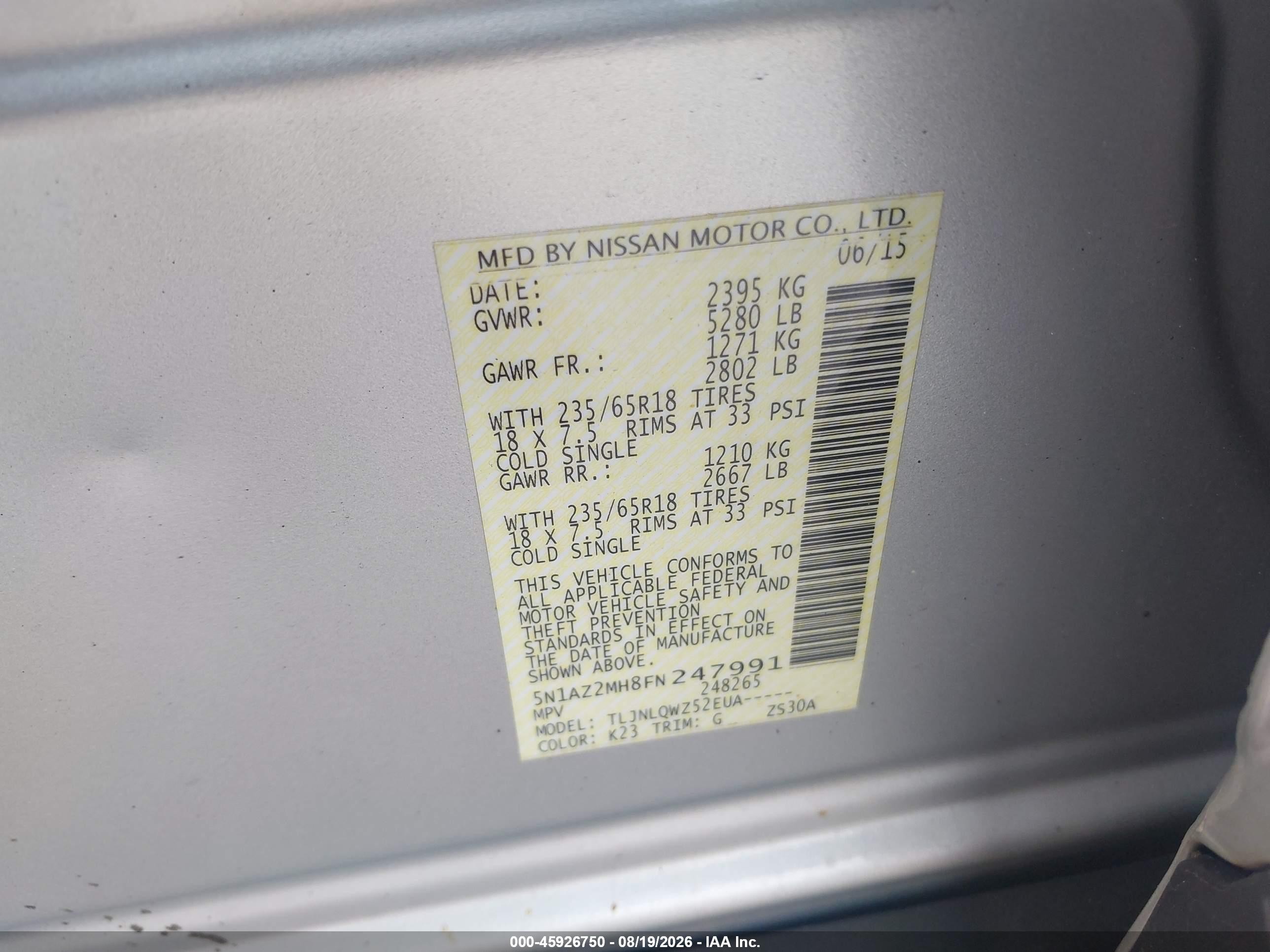 2015 Nissan Murano Sv Silver vin: 5N1AZ2MH8FN247991