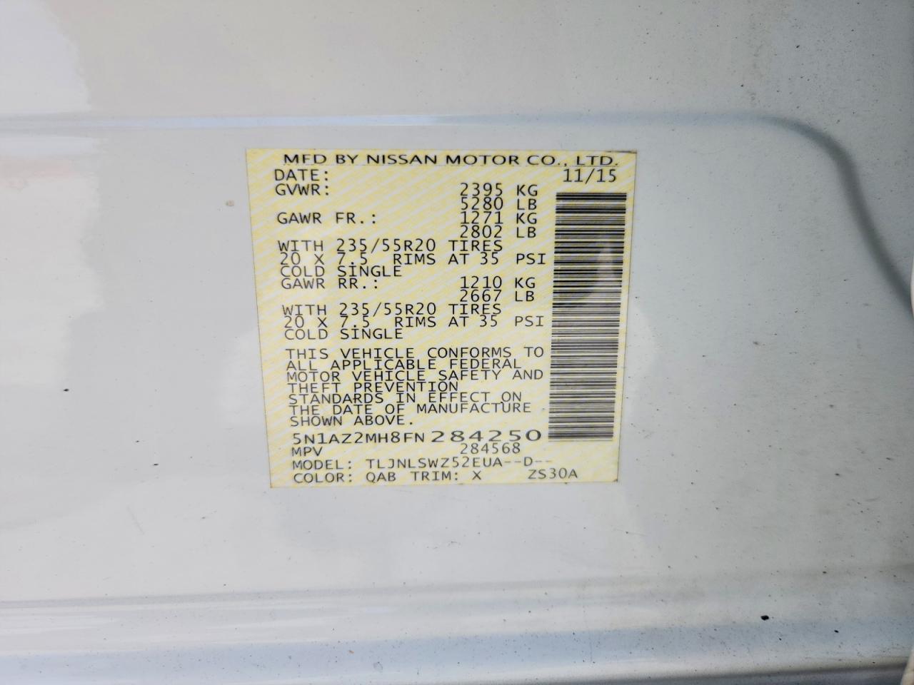2015 Nissan Murano Platinum White vin: 5N1AZ2MH8FN284250