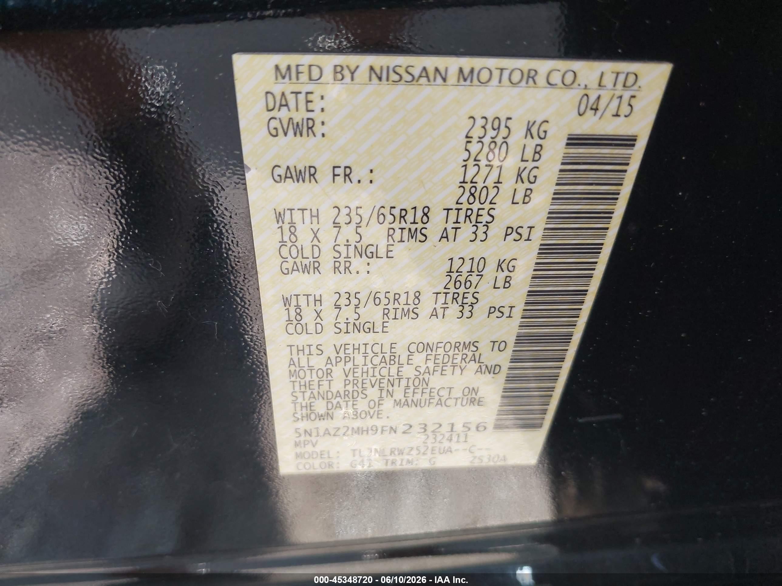 2015 Nissan Murano Sl Black vin: 5N1AZ2MH9FN232156
