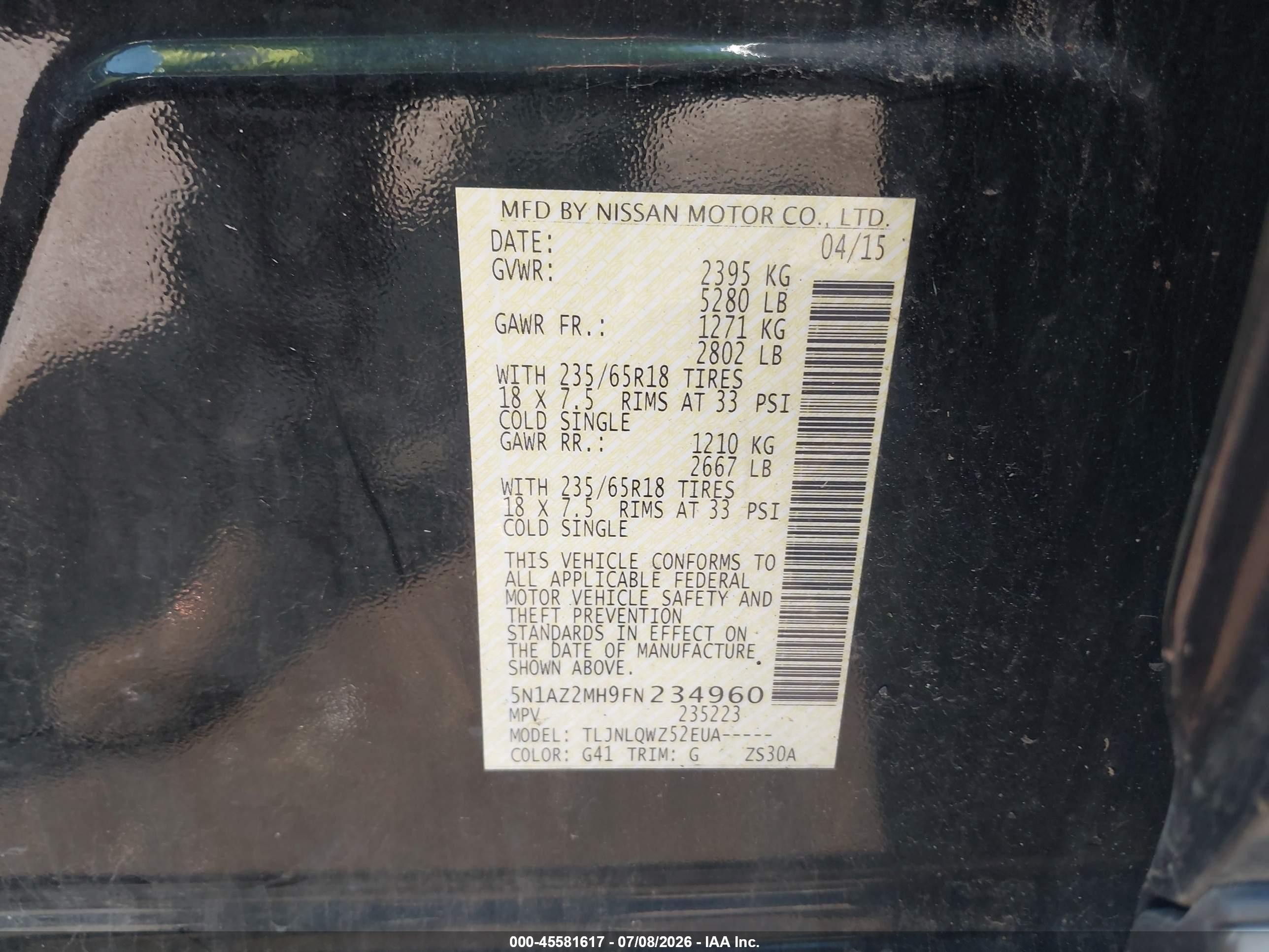 2015 Nissan Murano Sv Black vin: 5N1AZ2MH9FN234960