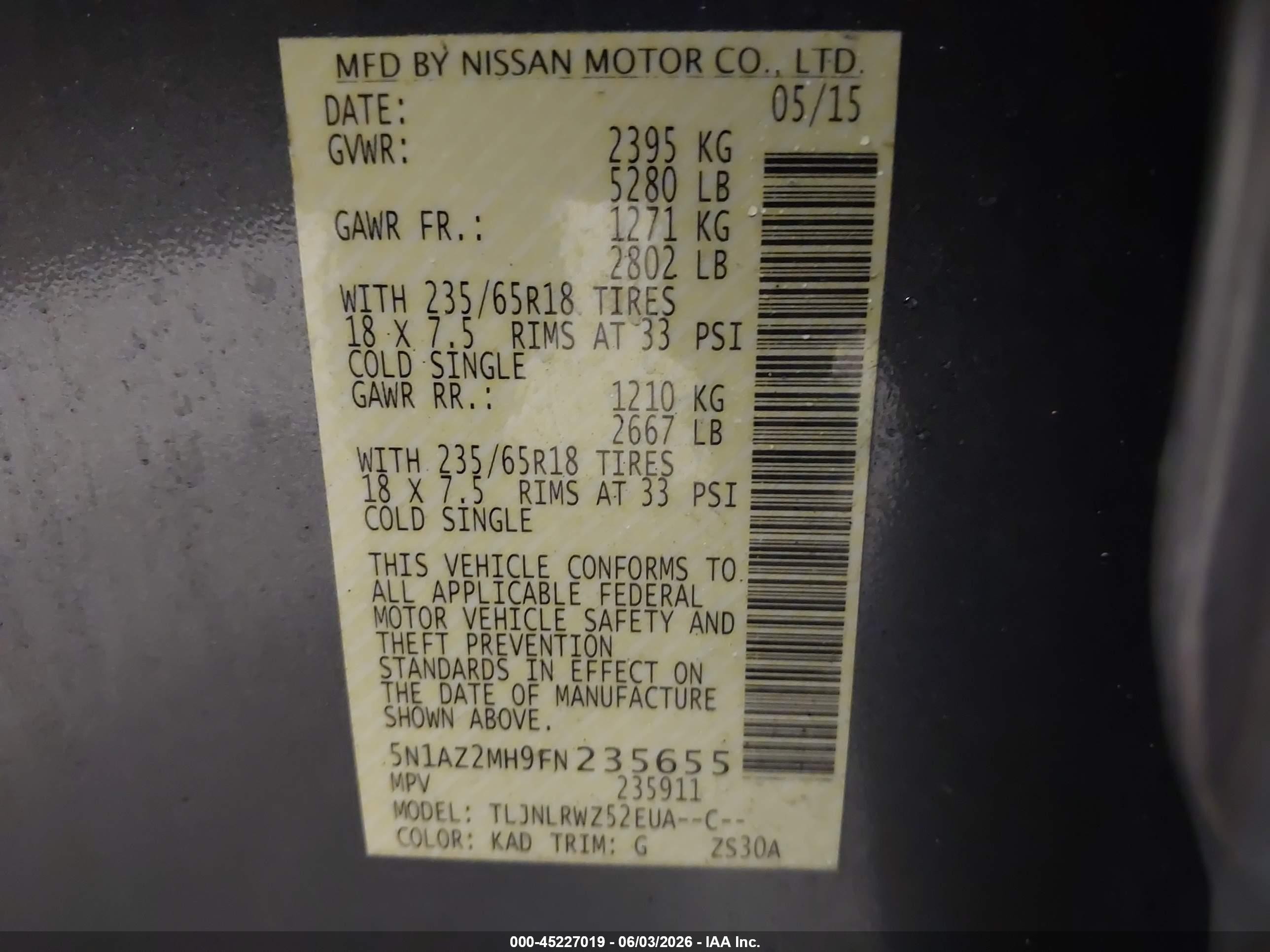 2015 Nissan Murano Sl Gray vin: 5N1AZ2MH9FN235655
