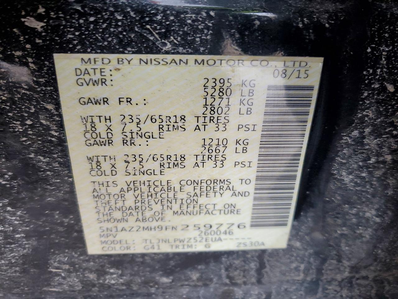 2015 Nissan Murano S Black vin: 5N1AZ2MH9FN259776
