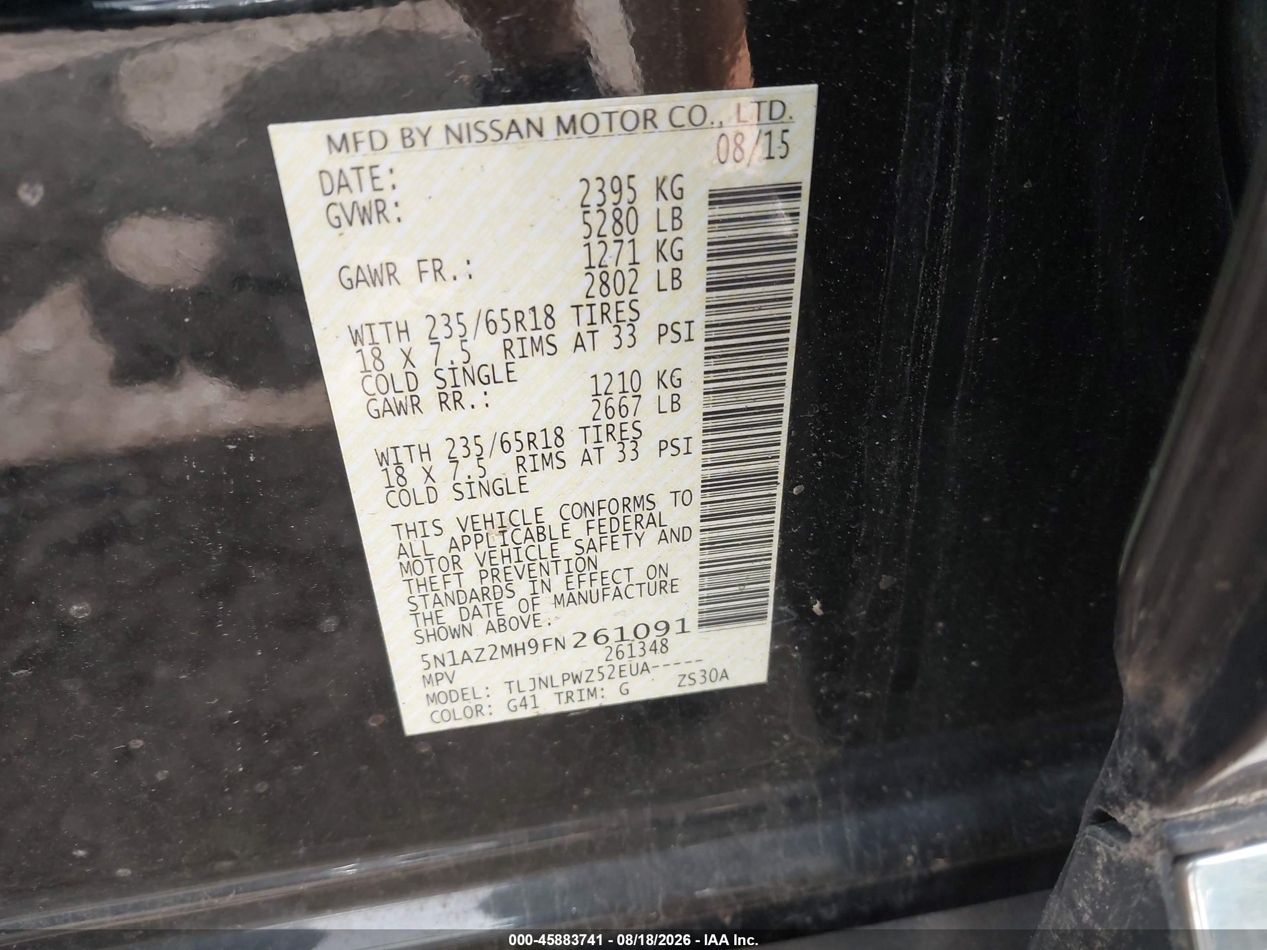 2015 Nissan Murano S Black vin: 5N1AZ2MH9FN261091