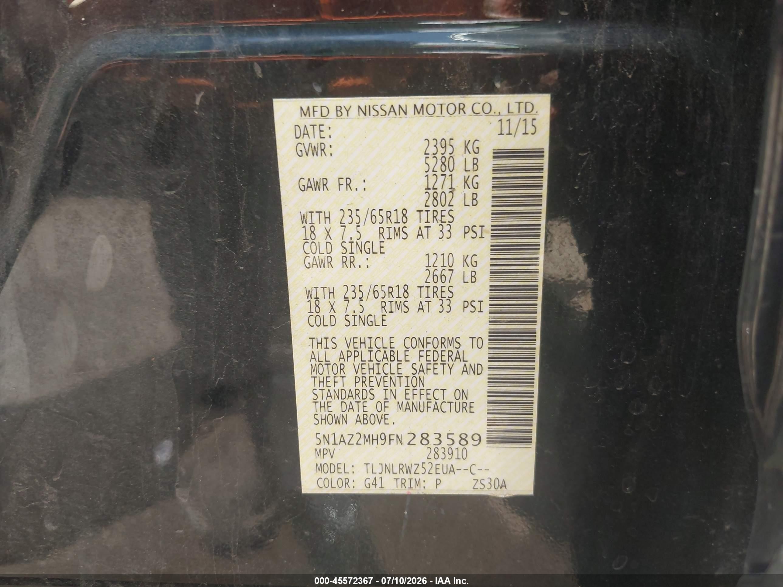 2015 Nissan Murano Sl Black vin: 5N1AZ2MH9FN283589