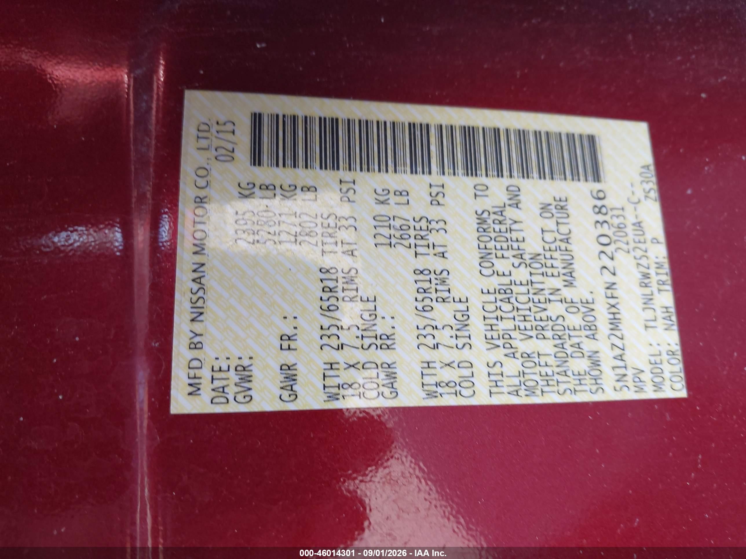 2015 Nissan Murano Sl Red vin: 5N1AZ2MHXFN220386