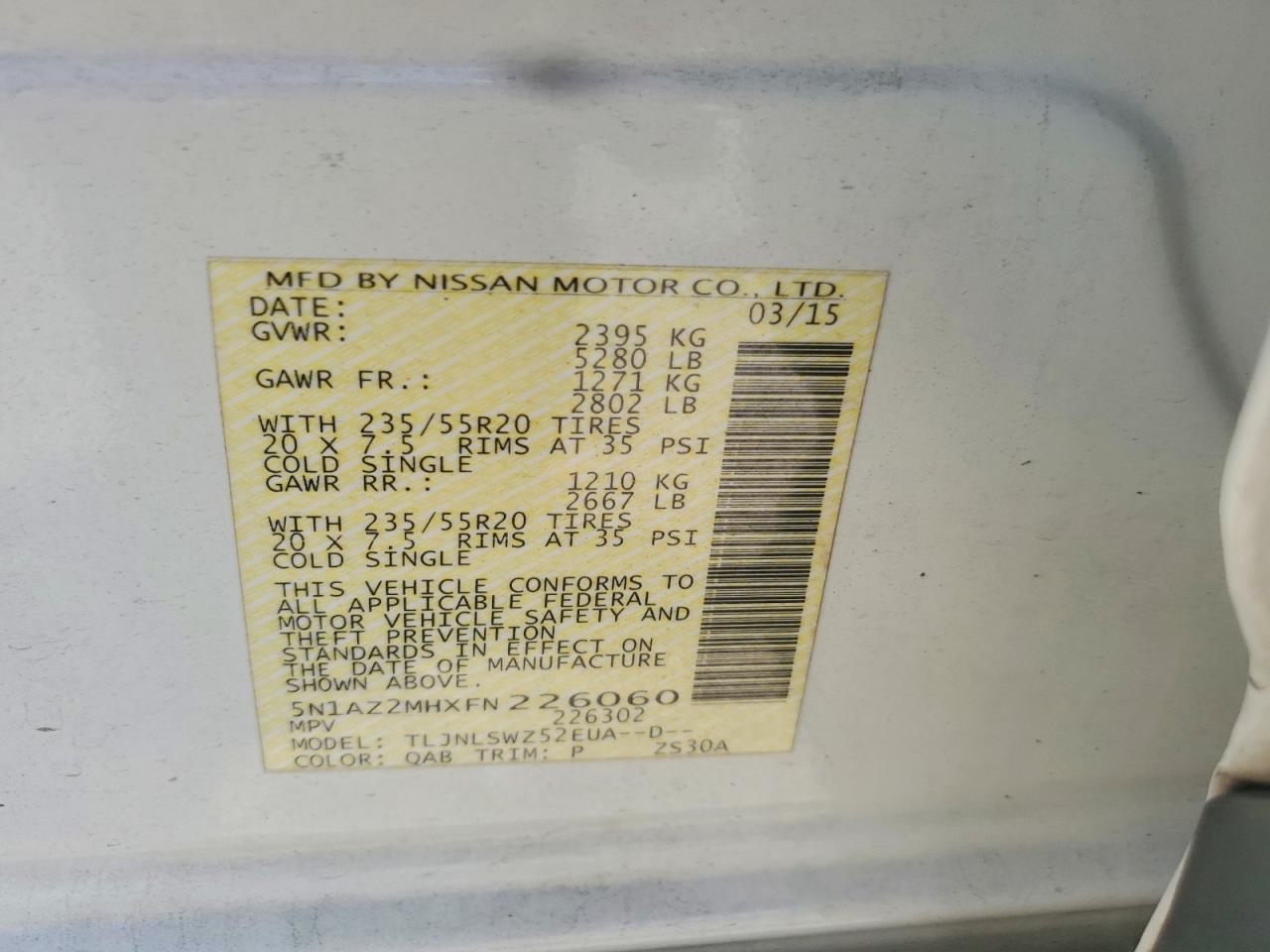 2015 Nissan Murano Platinum White vin: 5N1AZ2MHXFN226060