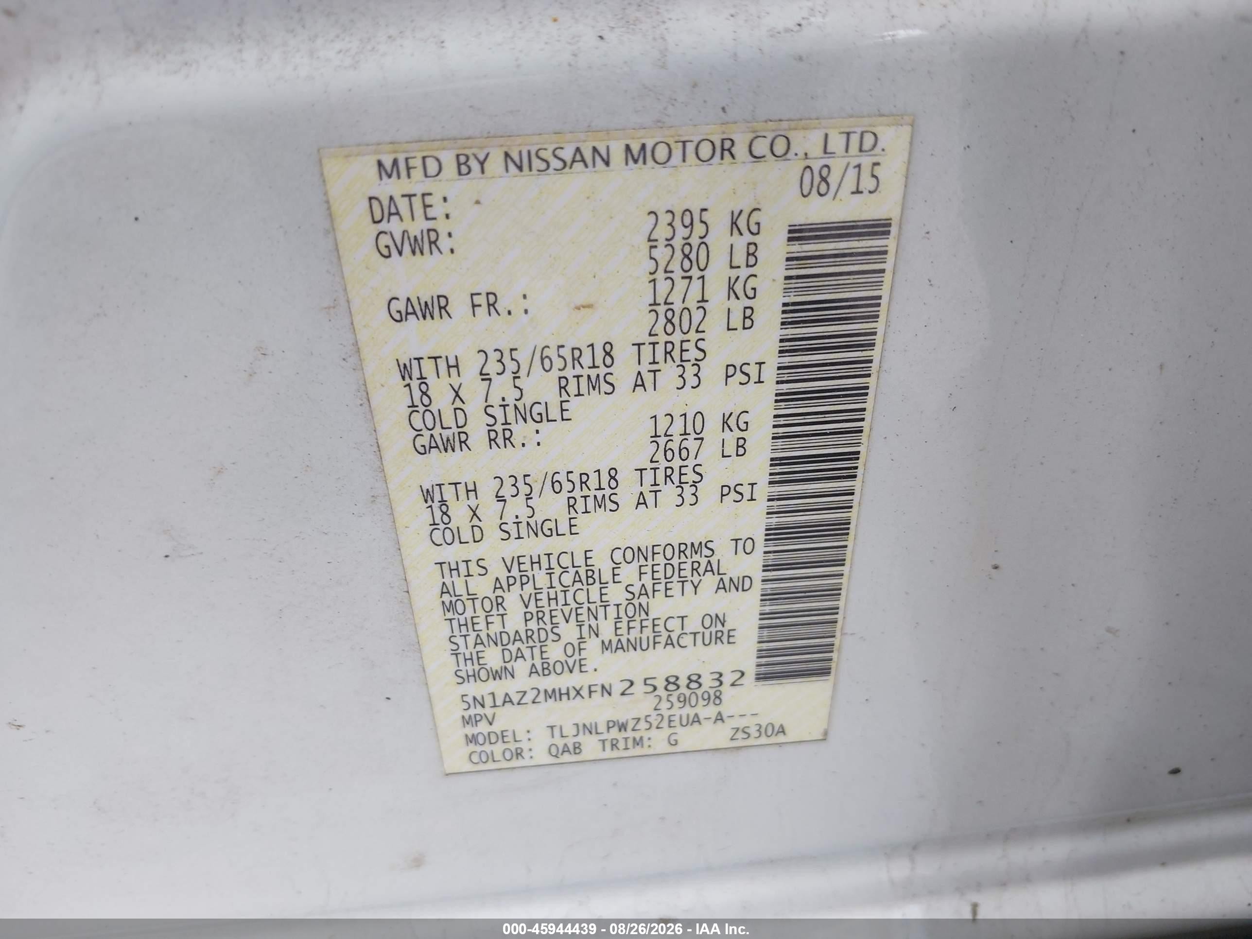 2015 Nissan Murano S White vin: 5N1AZ2MHXFN258832