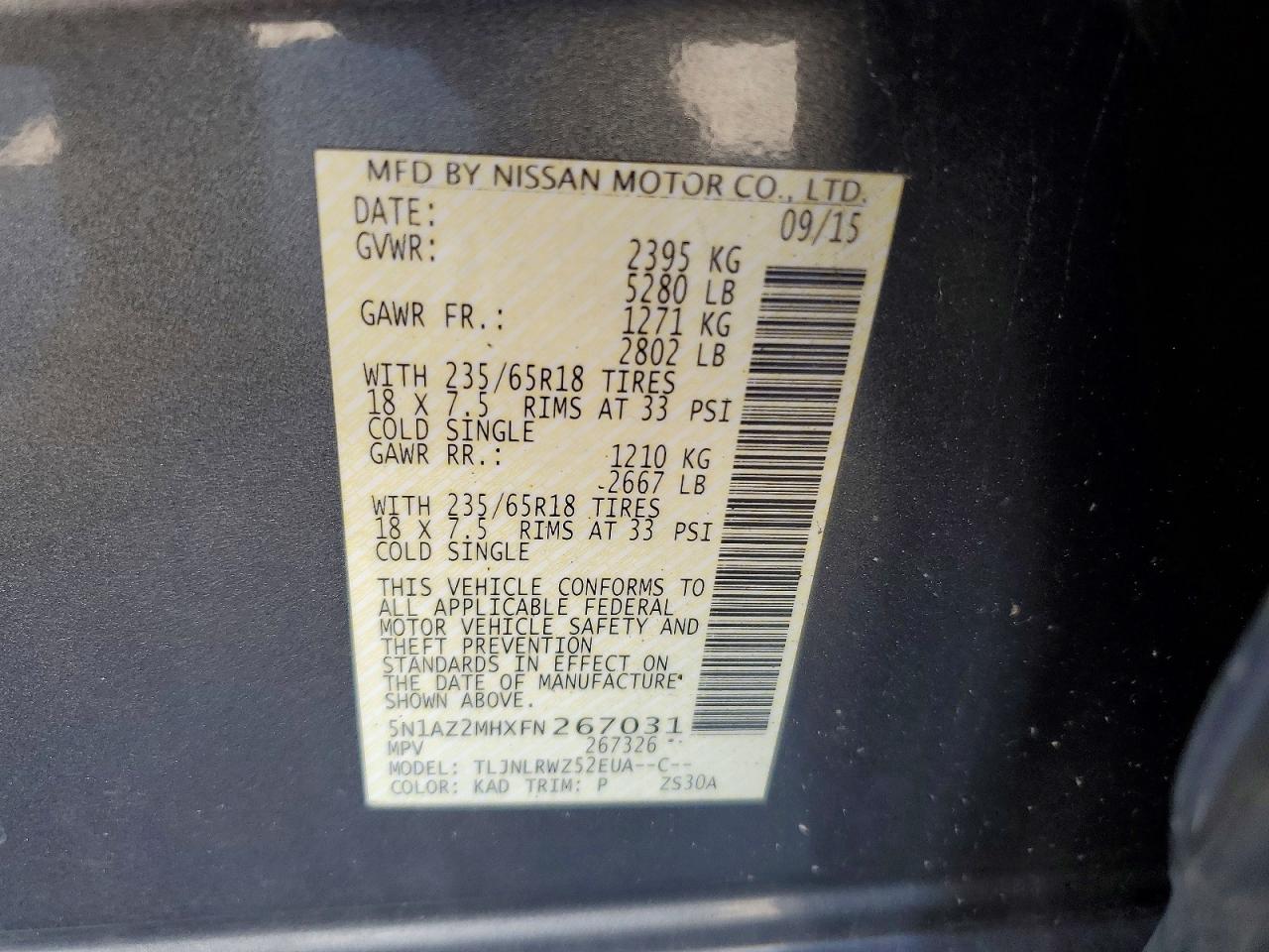 2015 Nissan Murano Sl Gray vin: 5N1AZ2MHXFN267031