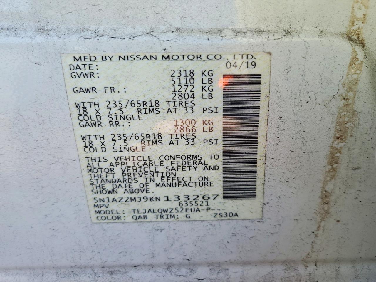 2019 Nissan Murrano White vin: 5N1AZ2MJ9KN133267