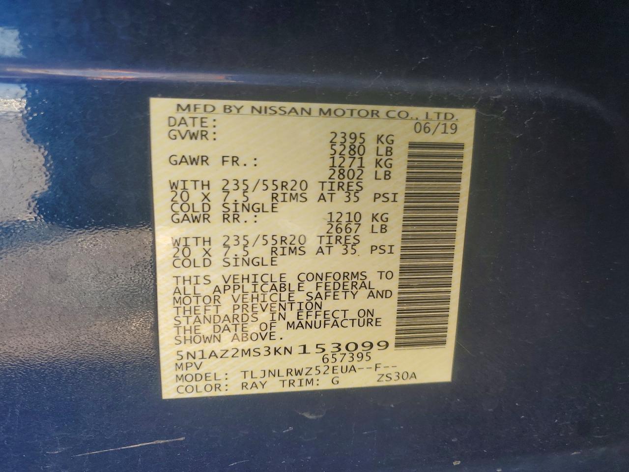 2019 Nissan Murano Sl Blue vin: 5N1AZ2MS3KN153099