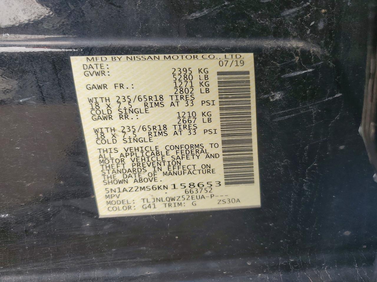 2019 Nissan Murano Sv Black vin: 5N1AZ2MS6KN158653