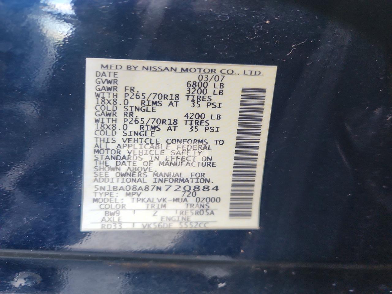 2007 Nissan Armada Se Ffv Blue vin: 5N1BA08A87N720884