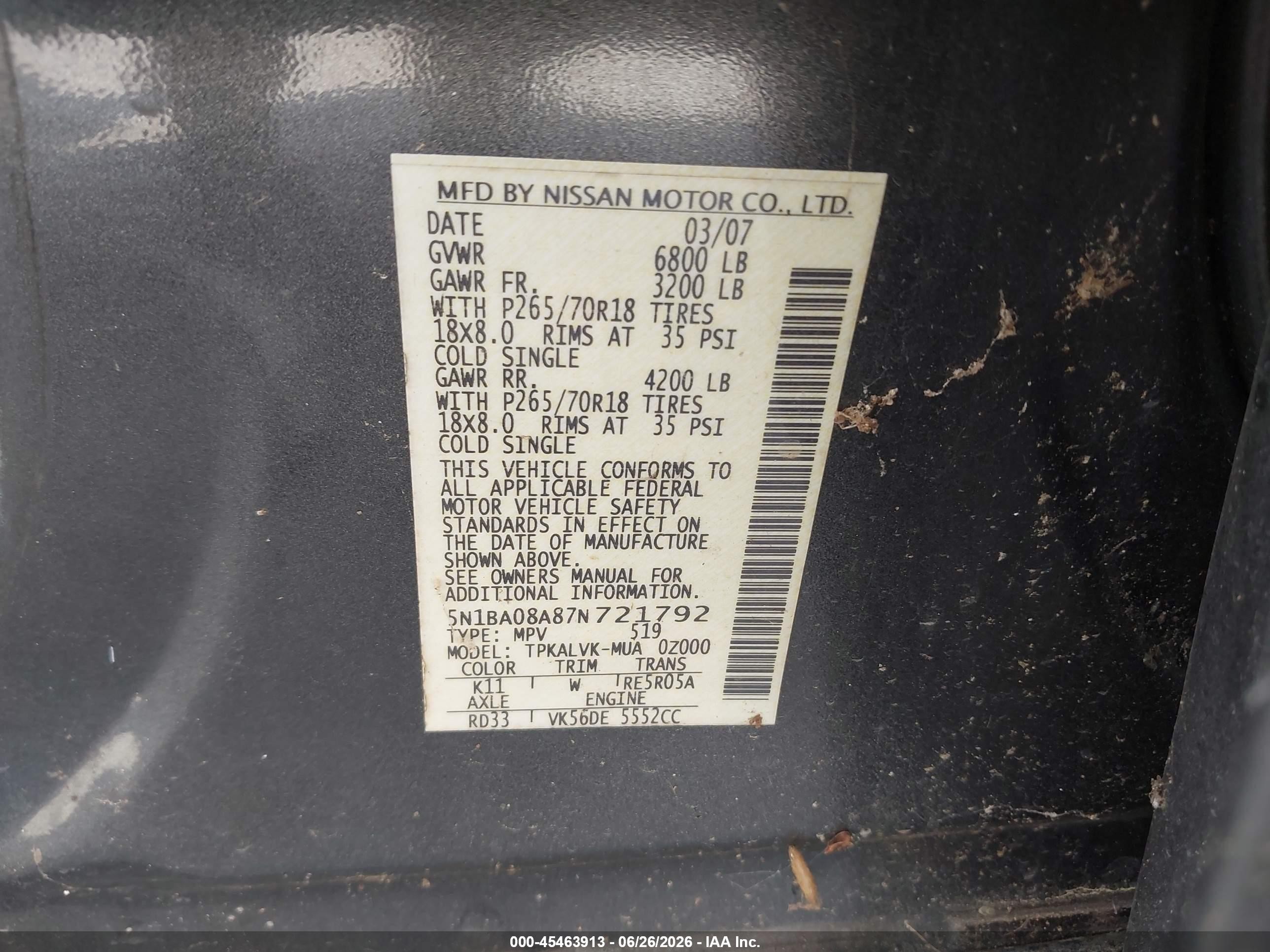 2007 Nissan Armada Le Gray vin: 5N1BA08A87N721792