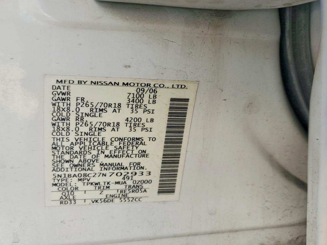 2007 Nissan Armada Se Ffv White vin: 5N1BA08C27N702933