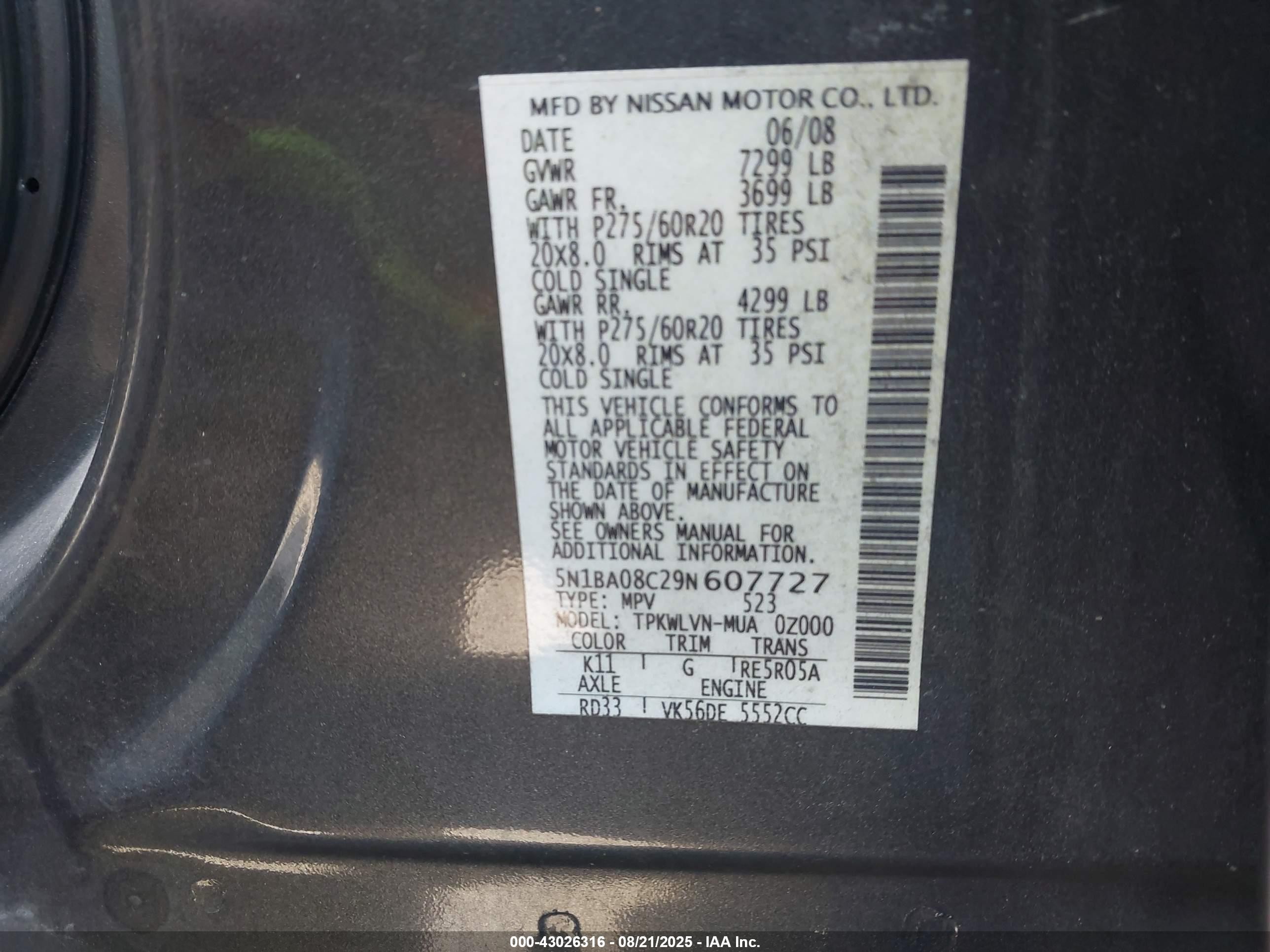 2009 Nissan Armada Le Gray vin: 5N1BA08C29N607727