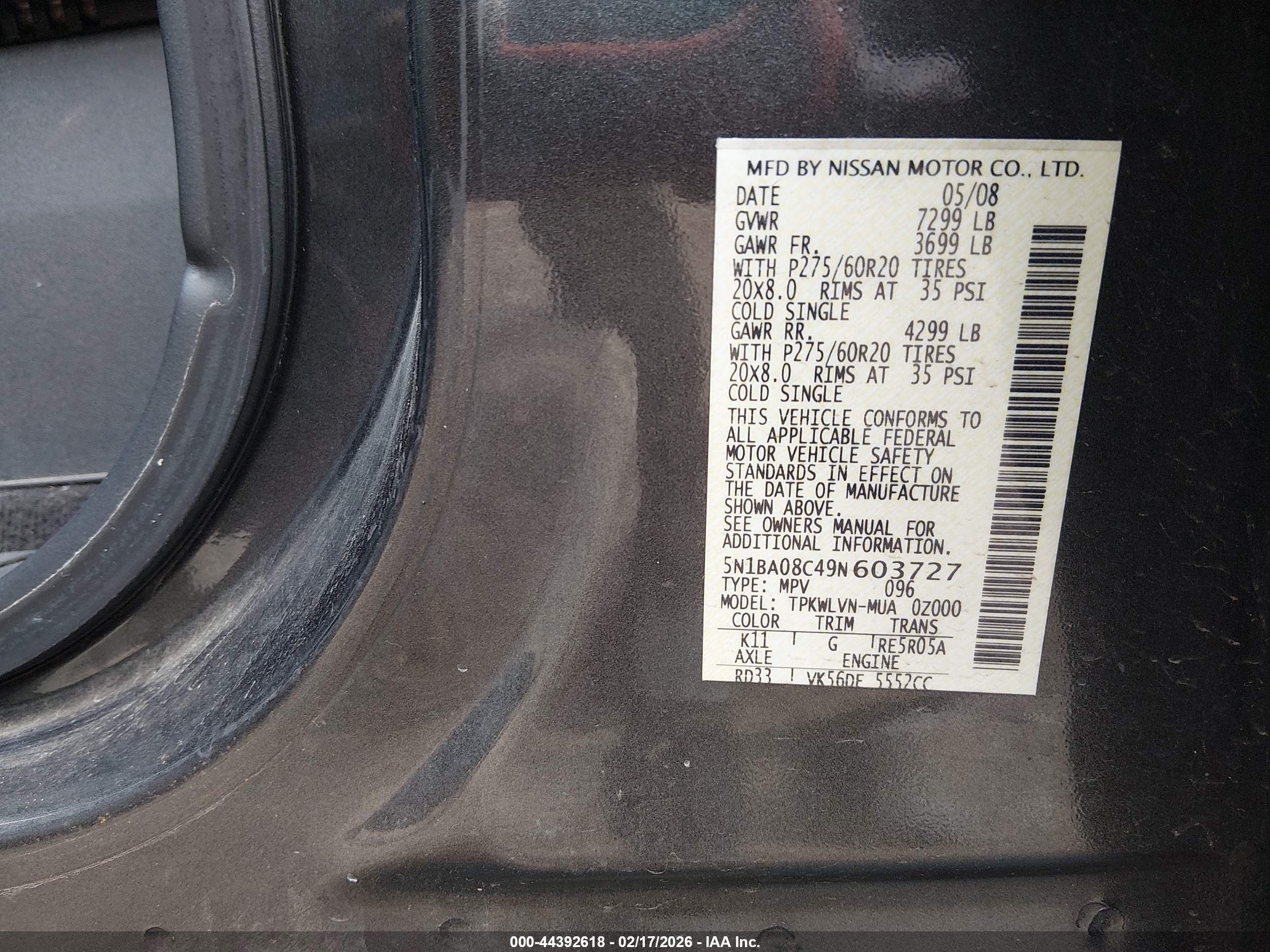 2009 Nissan Armada Le Gray vin: 5N1BA08C49N603727