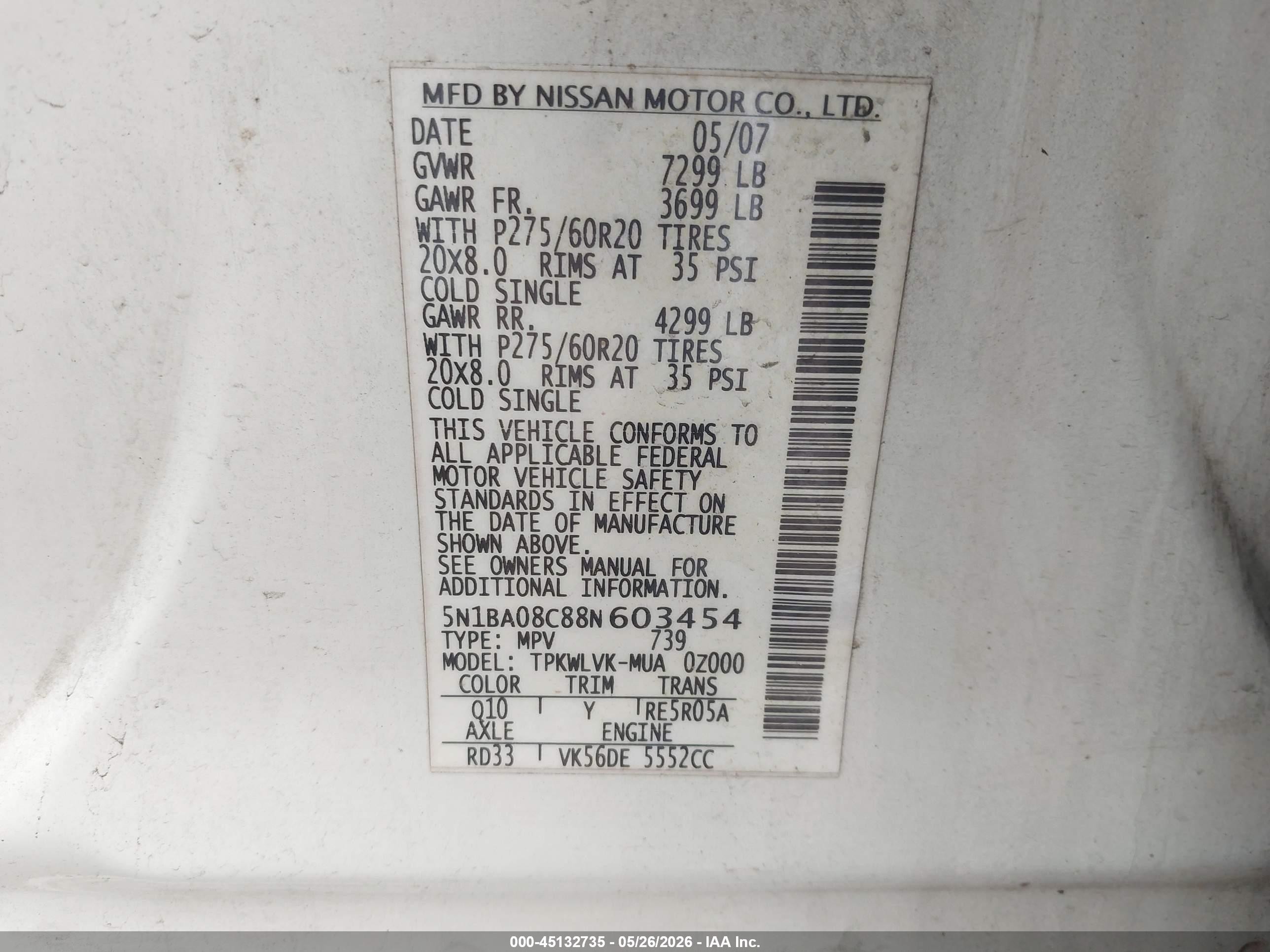 2008 Nissan Armada Le White vin: 5N1BA08C88N603454