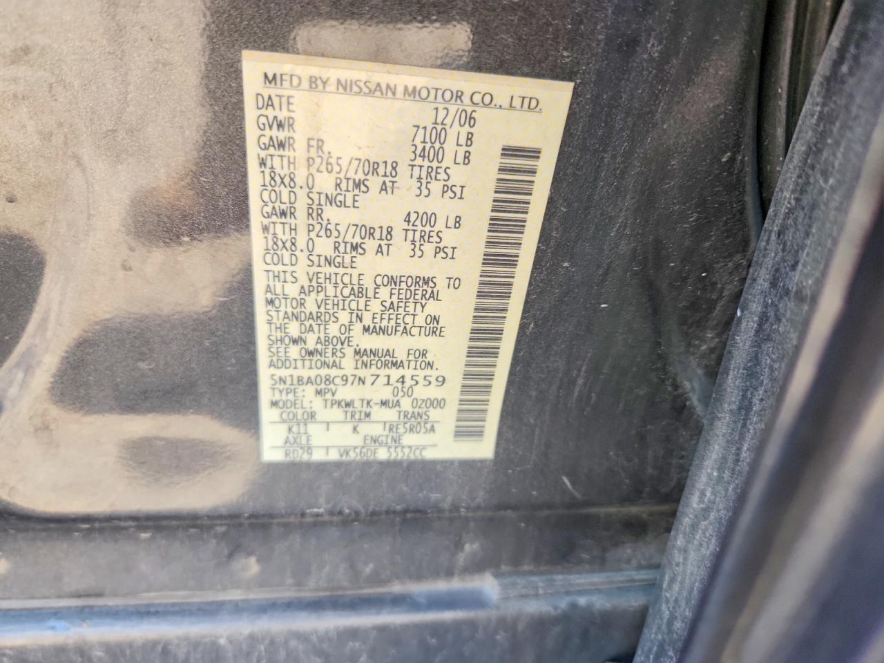2007 Nissan Armada Se Ffv Gray vin: 5N1BA08C97N714559