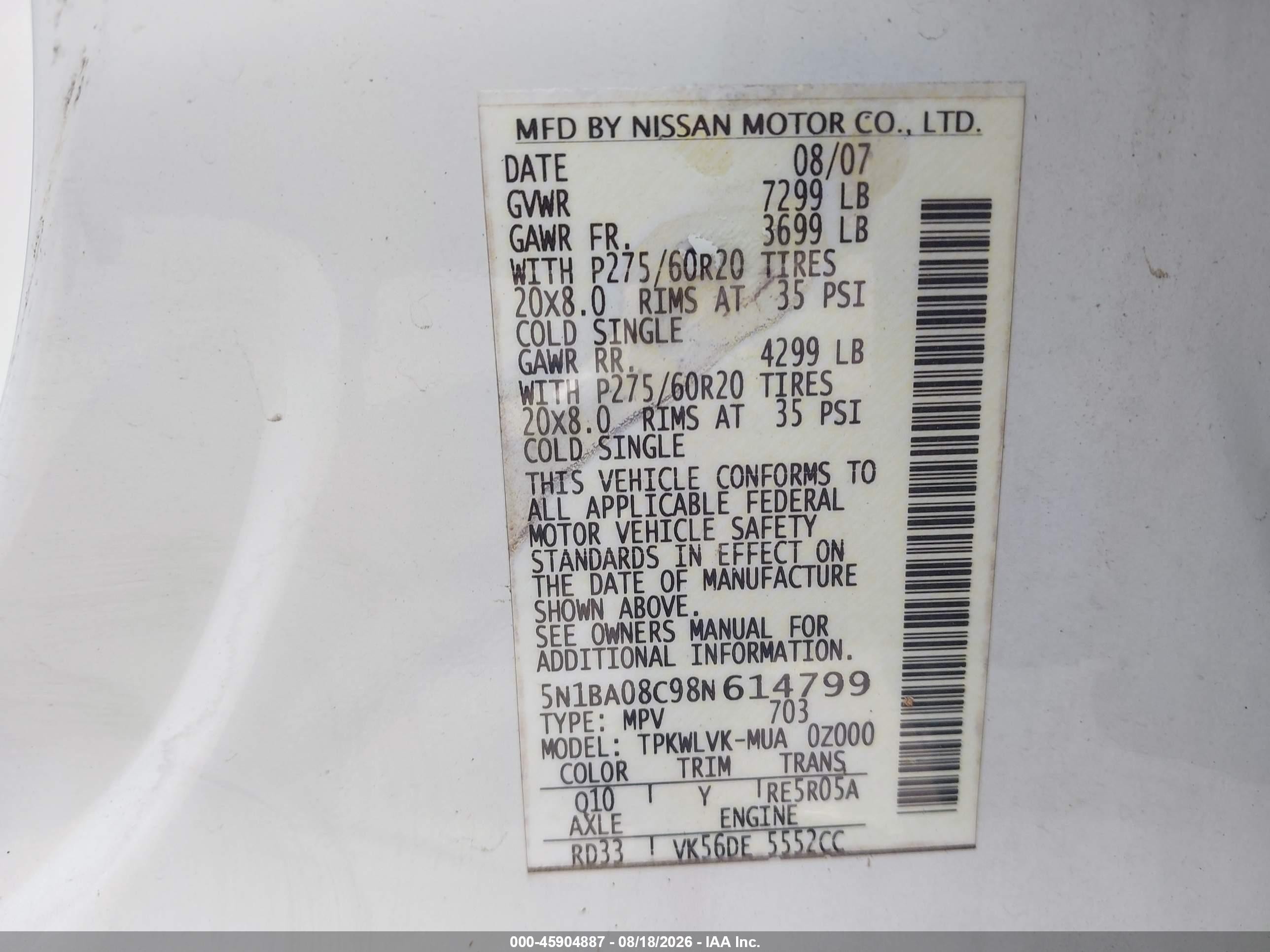 2008 Nissan Armada Le White vin: 5N1BA08C98N614799