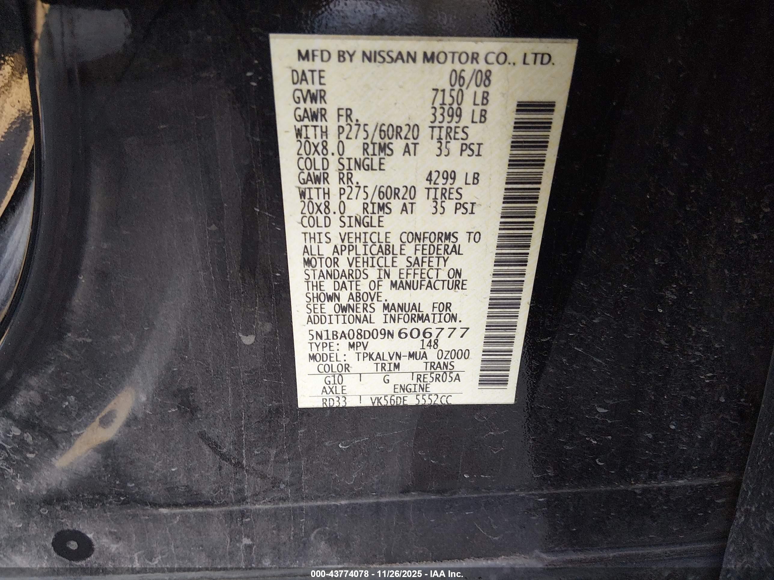 2009 Nissan Armada Le Black vin: 5N1BA08D09N606777