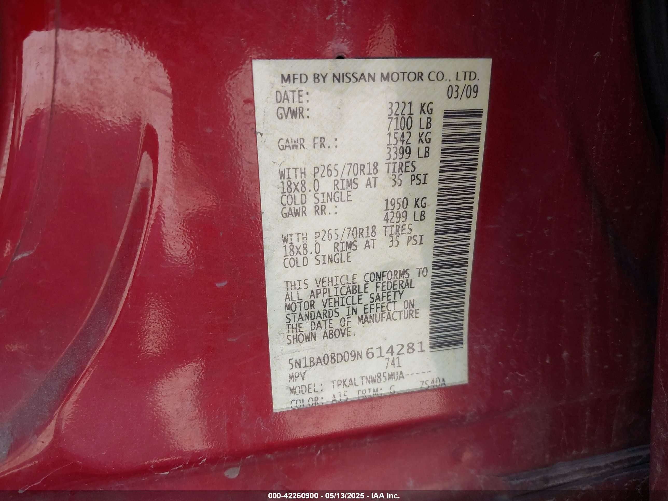 2009 Nissan Armada Se Red vin: 5N1BA08D09N614281