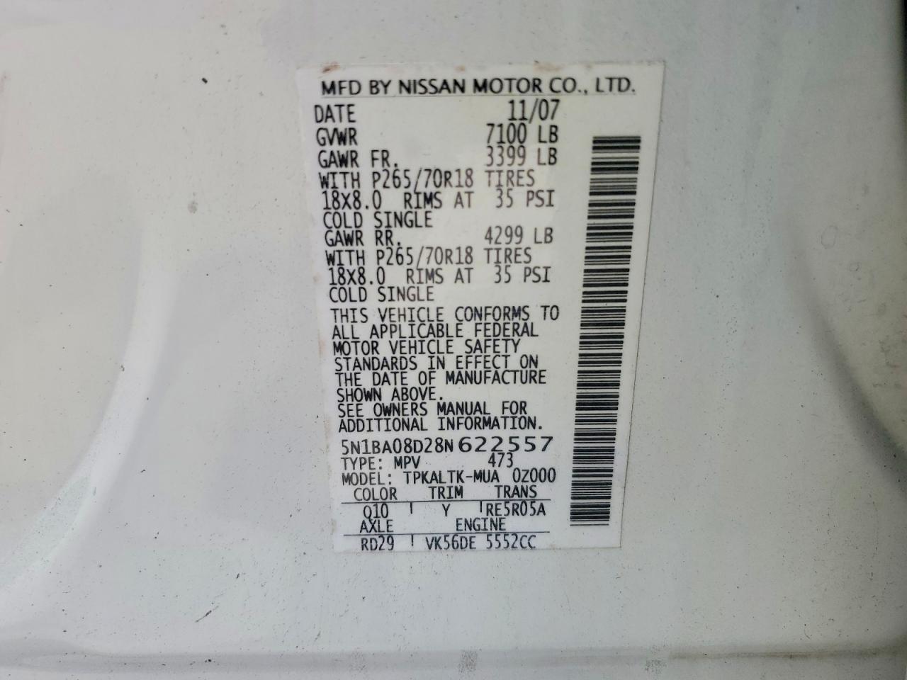 2008 Nissan Armada Se Ffv White vin: 5N1BA08D28N622557