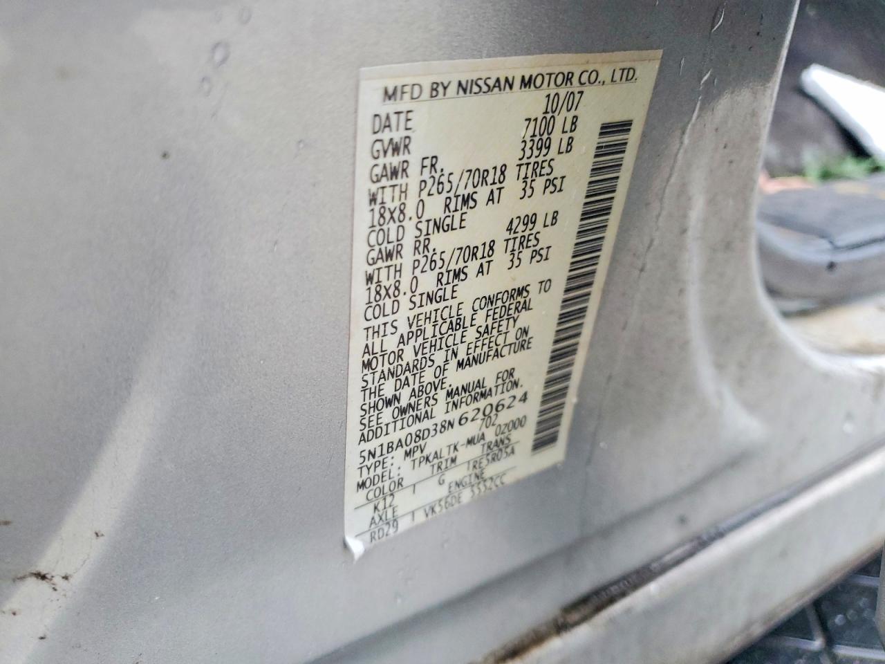 2008 Nissan Armada Se Ffv Silver vin: 5N1BA08D38N620624