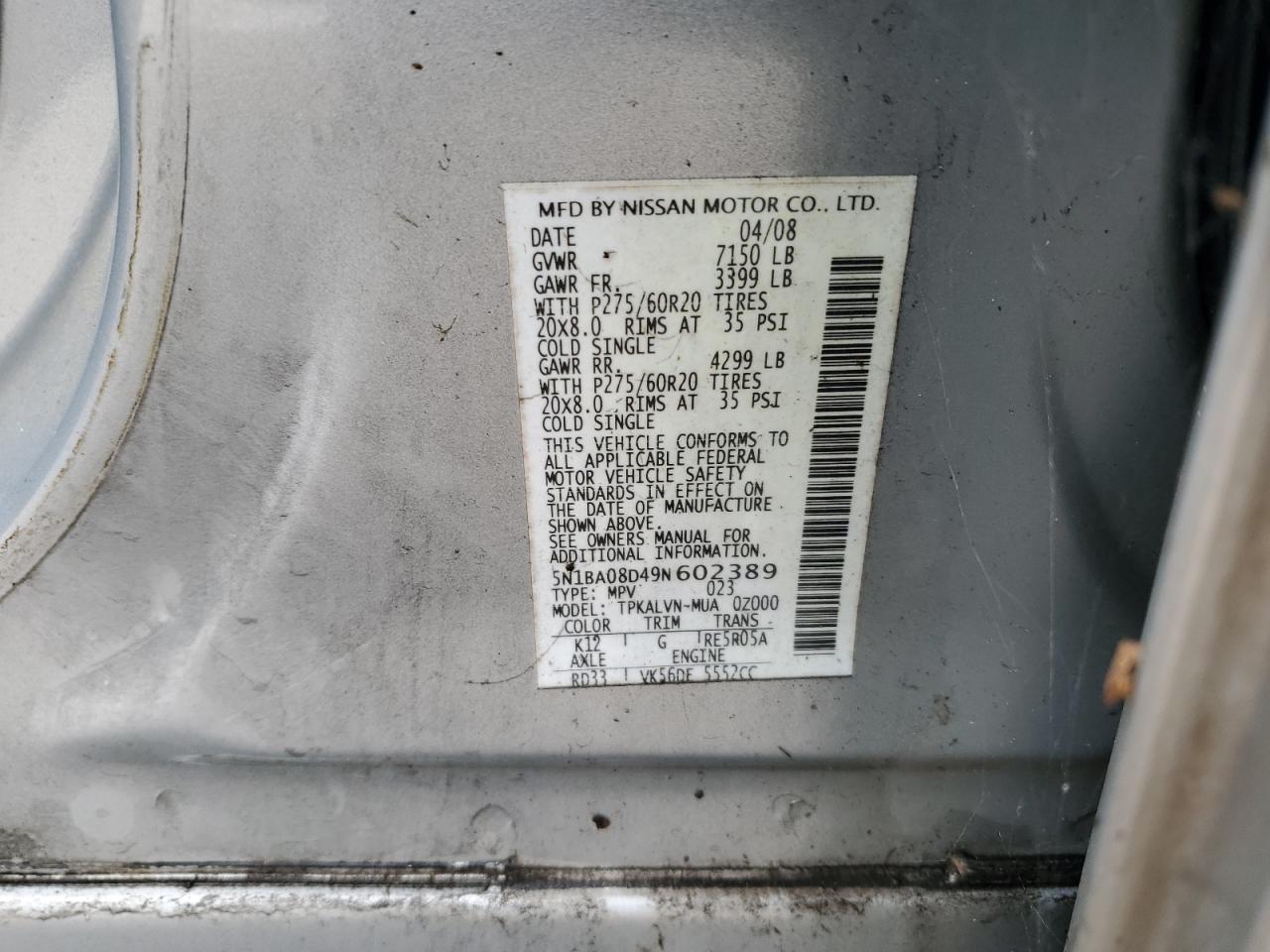 2009 Nissan Armada Se Silver vin: 5N1BA08D49N602389