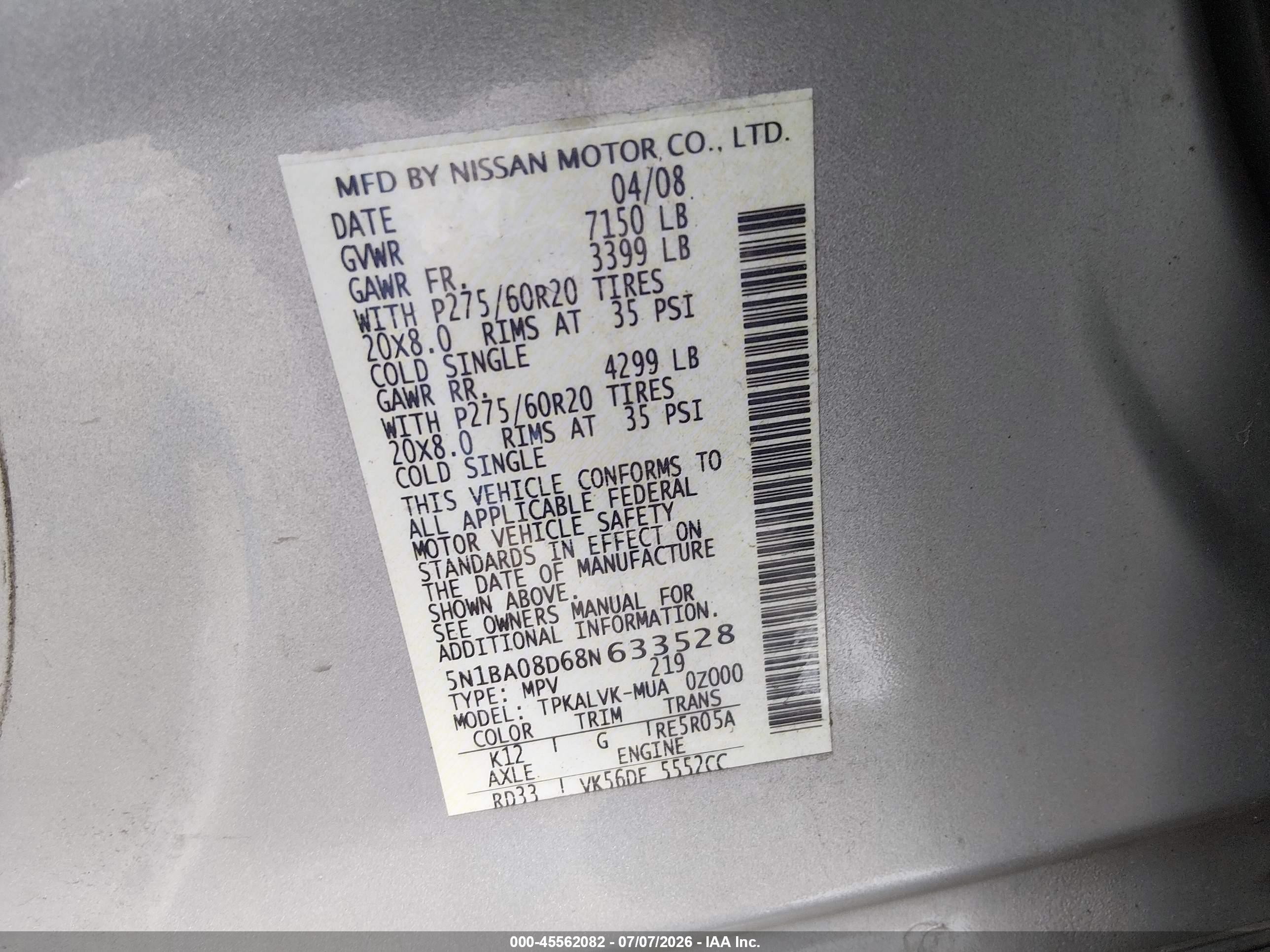 2008 Nissan Armada Le Серебряный vin: 5N1BA08D68N633528