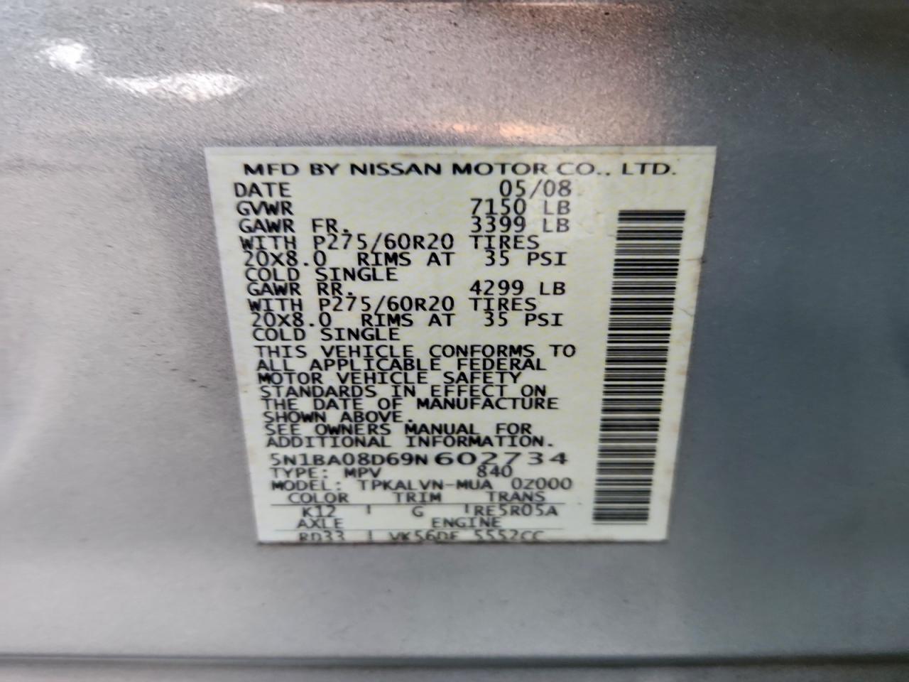2009 Nissan Armada Se Silver vin: 5N1BA08D69N602734
