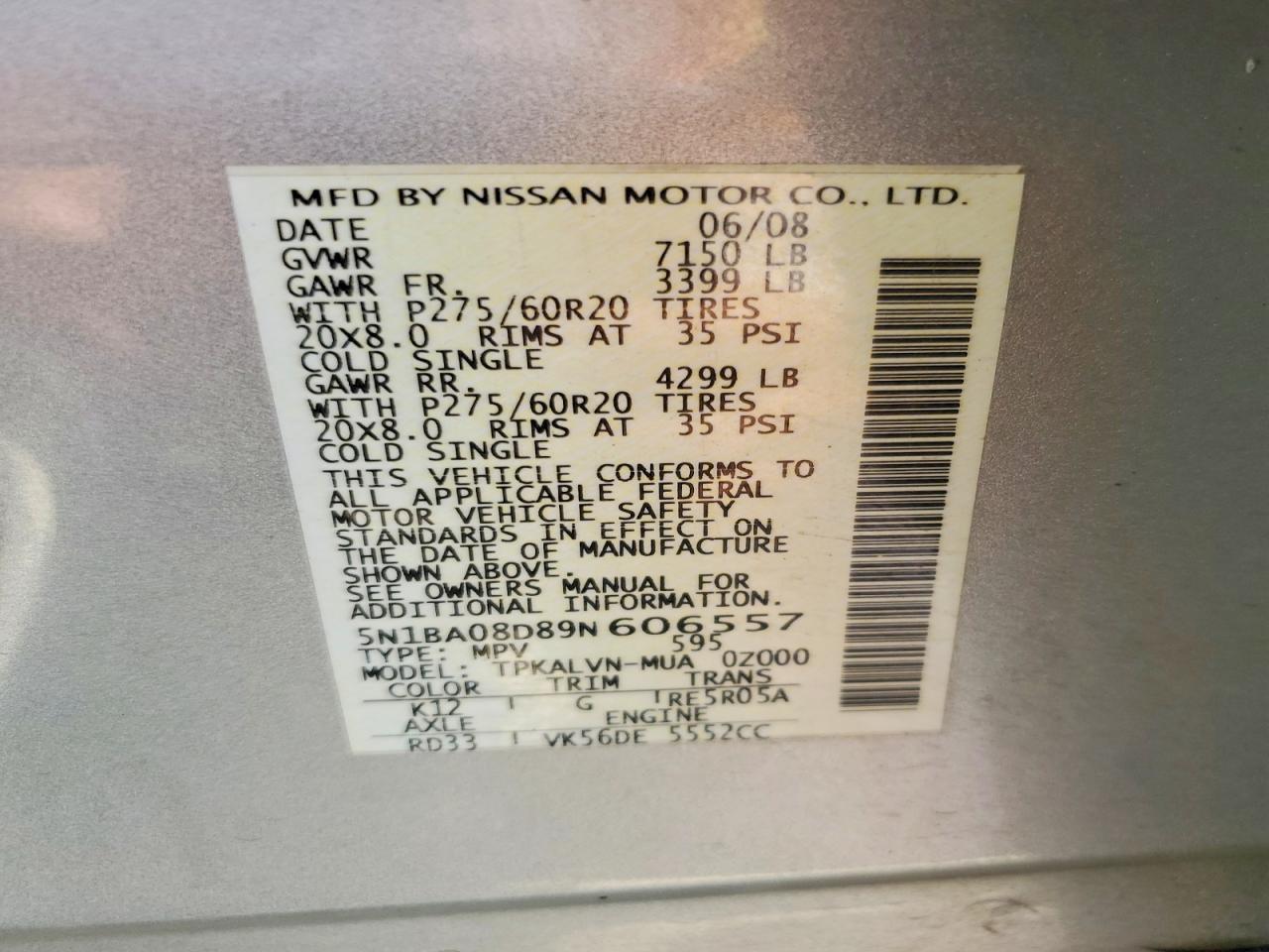 2009 Nissan Armada Se Ffv Silver vin: 5N1BA08D89N606557
