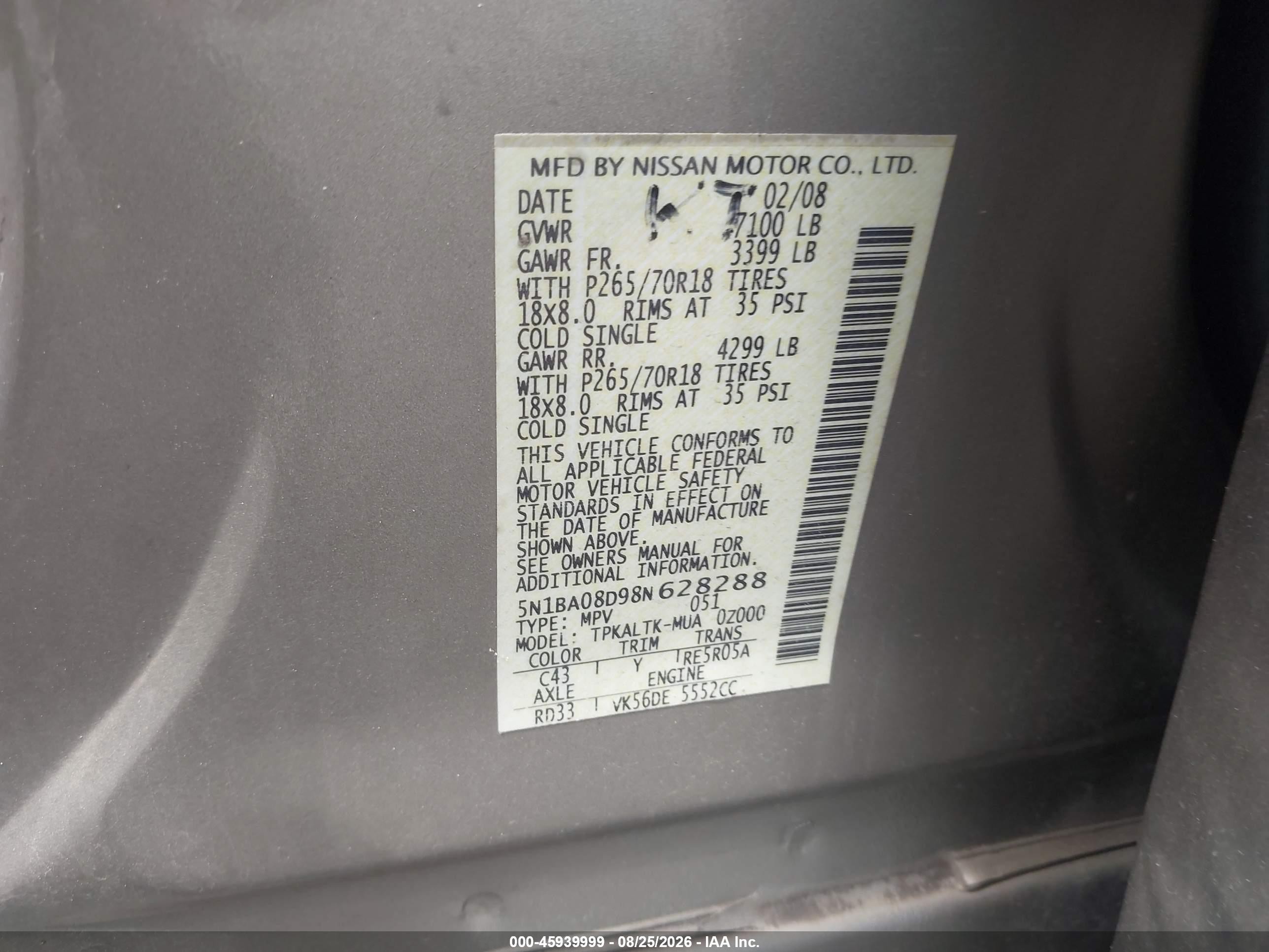 2008 Nissan Armada Se Tan vin: 5N1BA08D98N628288