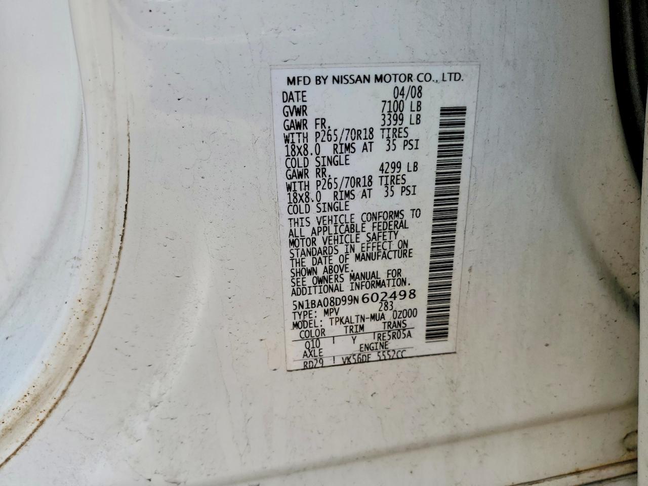 2009 Nissan Armada Se Ffv White vin: 5N1BA08D99N602498