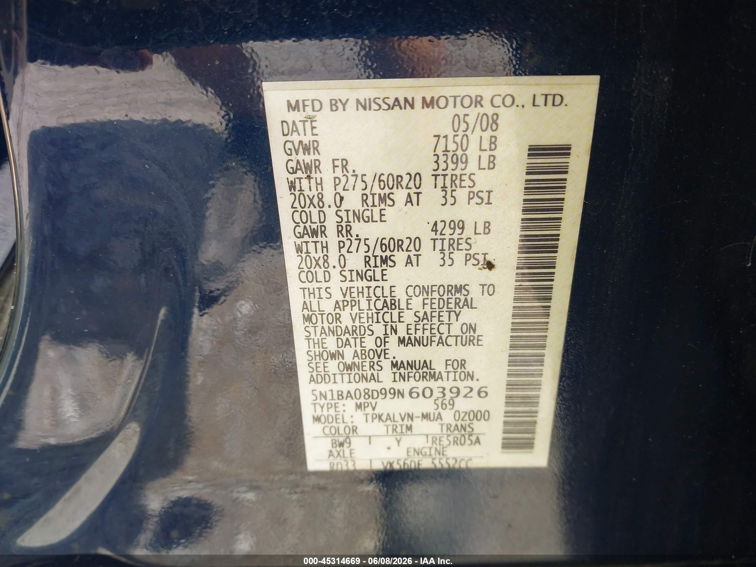 2009 Nissan Armada Le Blue vin: 5N1BA08D99N603926