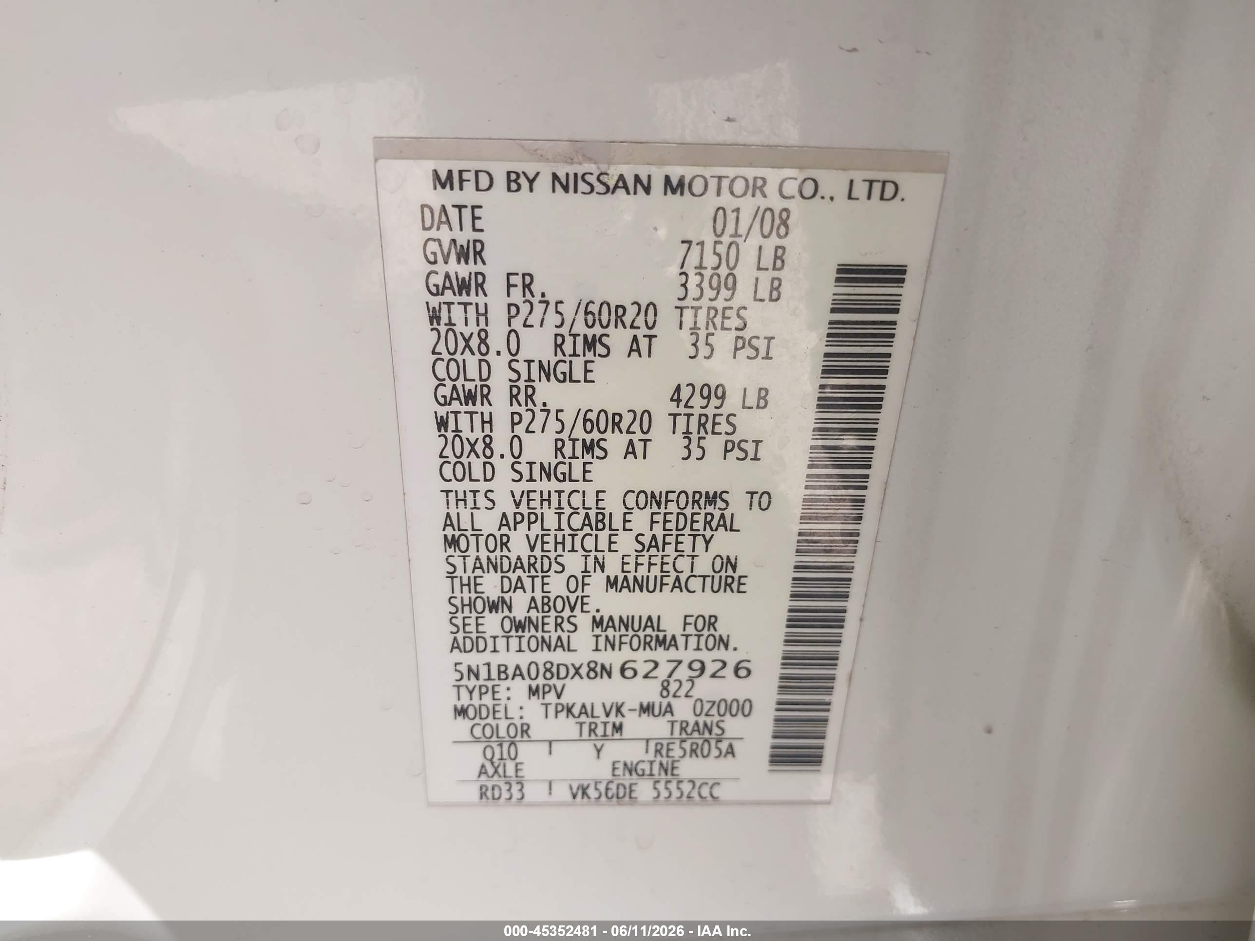 2008 Nissan Armada Le White vin: 5N1BA08DX8N627926