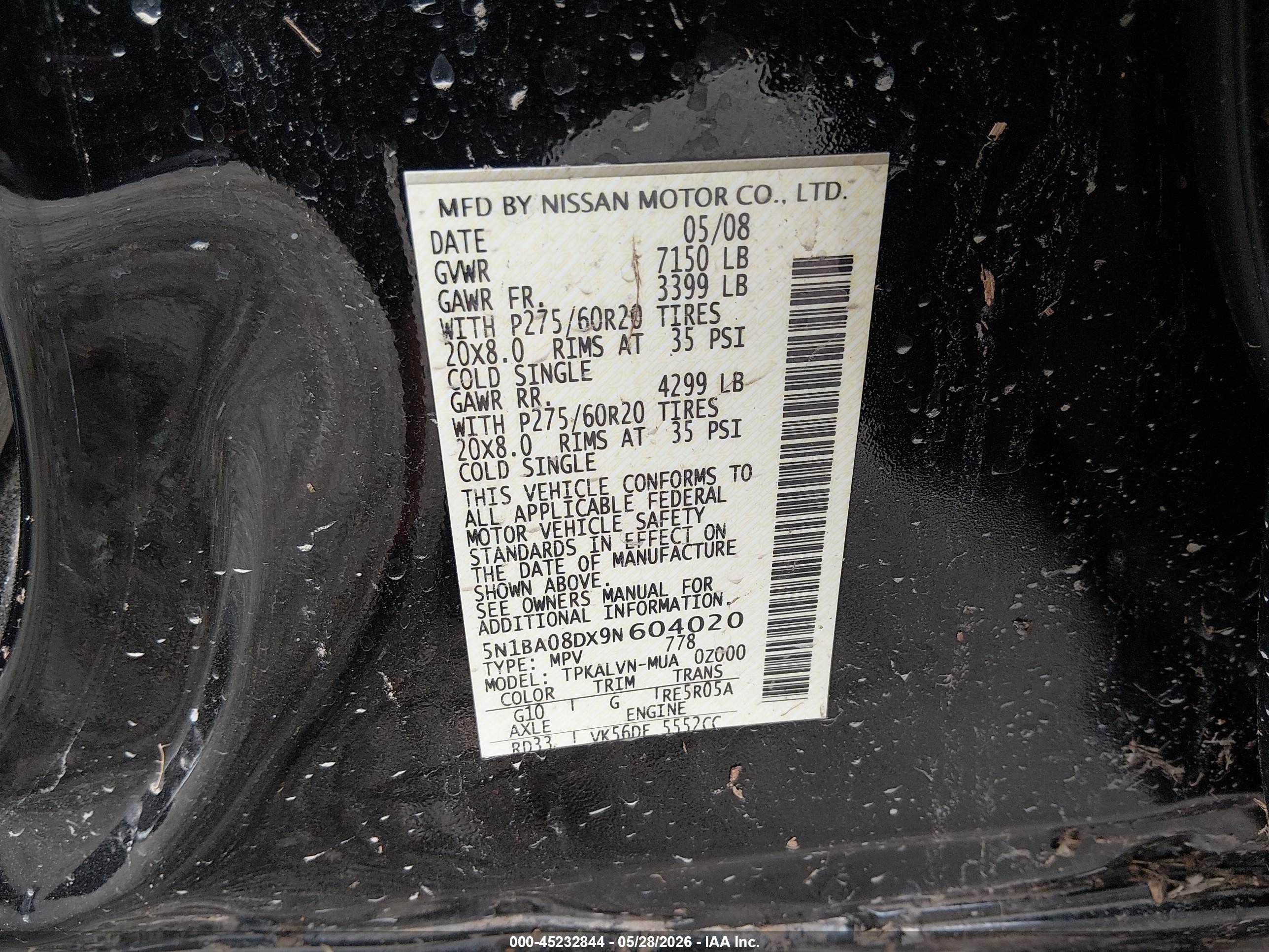 2009 Nissan Armada Le Black vin: 5N1BA08DX9N604020