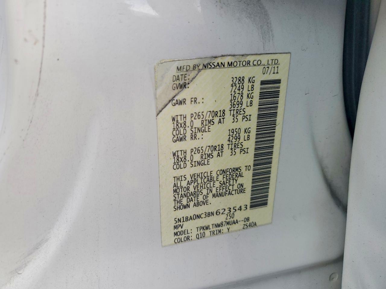 2011 Nissan Armada Sv White vin: 5N1BA0NC3BN623543