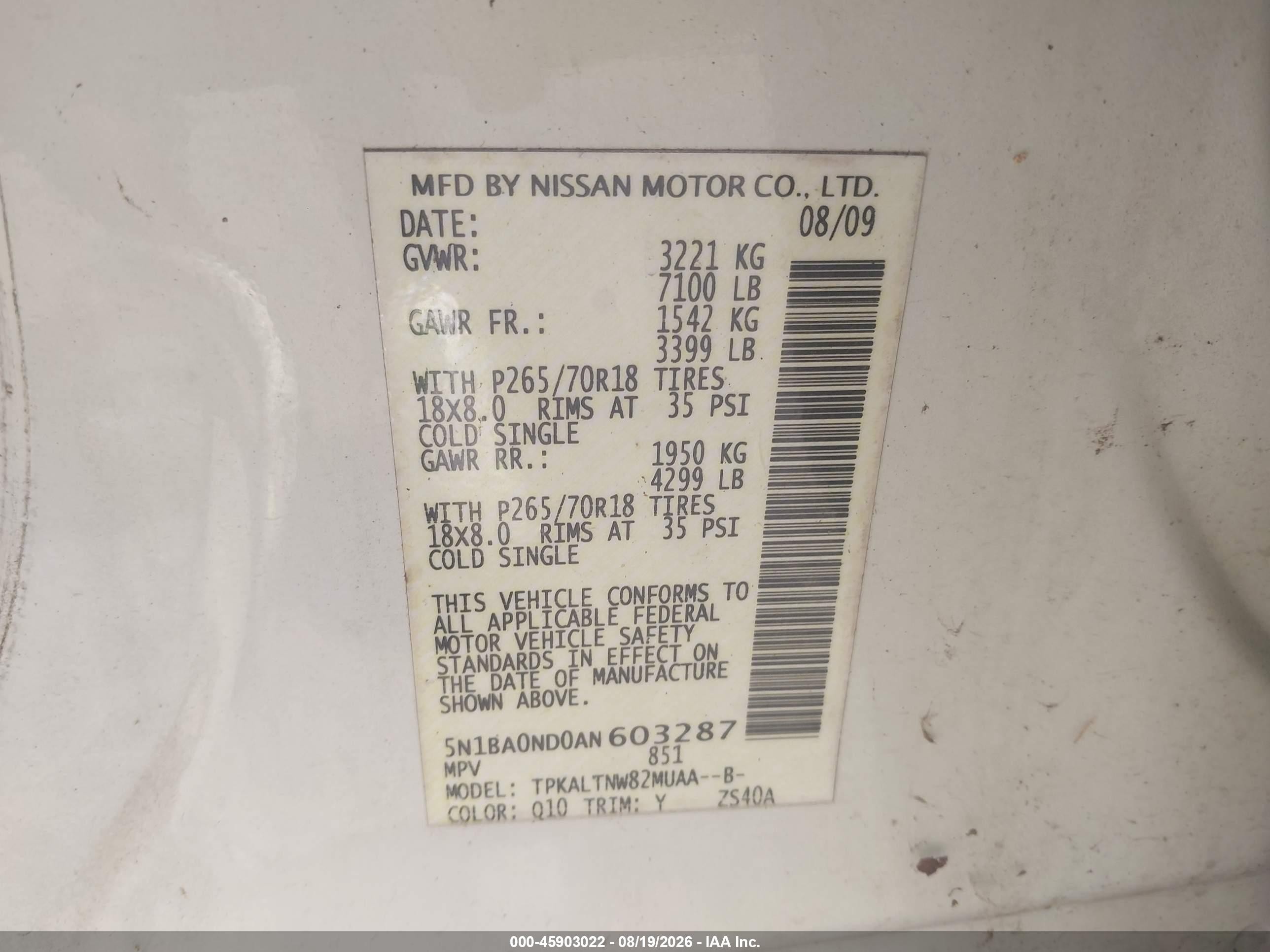 2010 Nissan Armada Se/titanium/platinum White vin: 5N1BA0ND0AN603287
