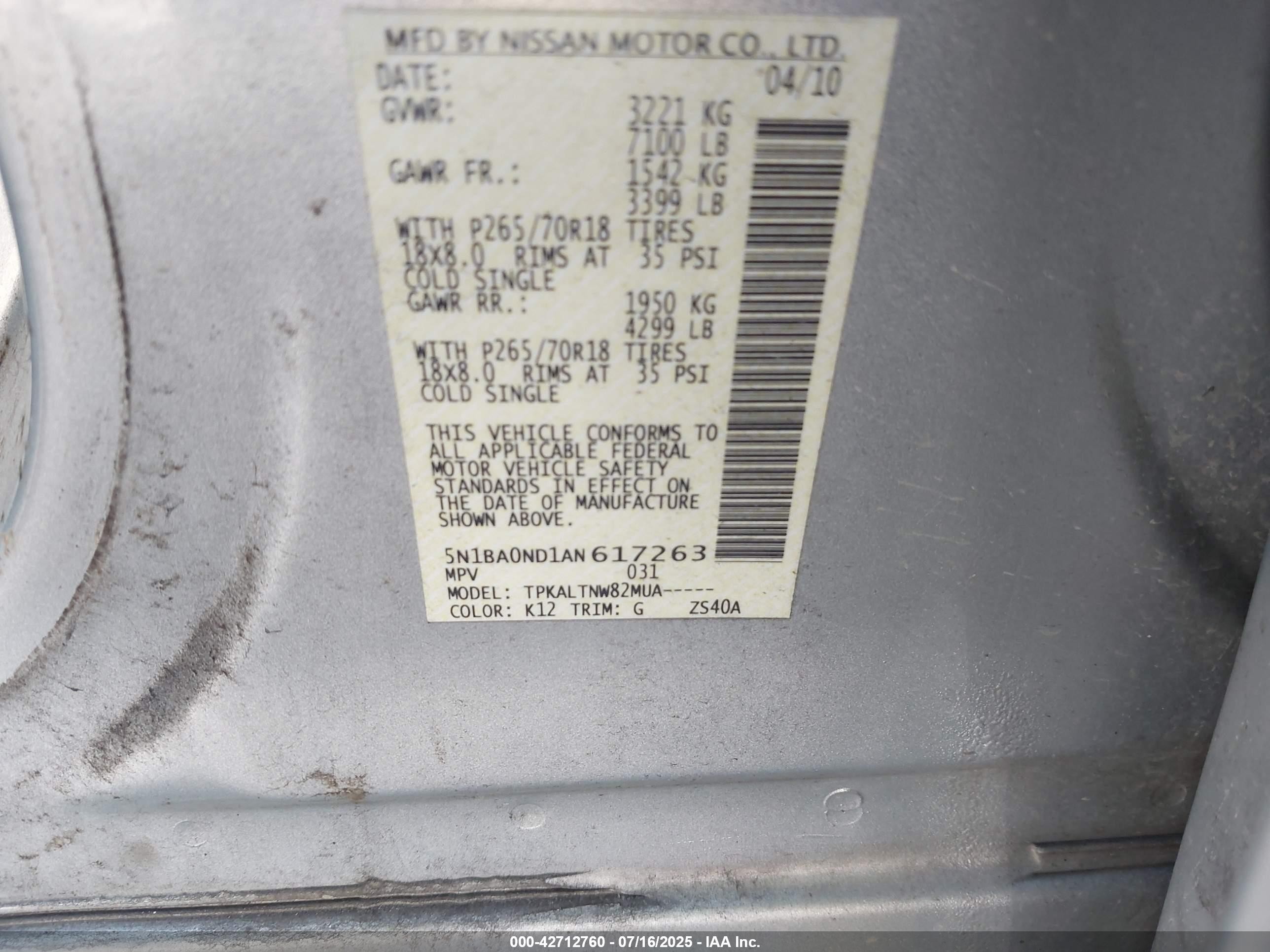 2010 Nissan Armada Se vin: 5N1BA0ND1AN617263