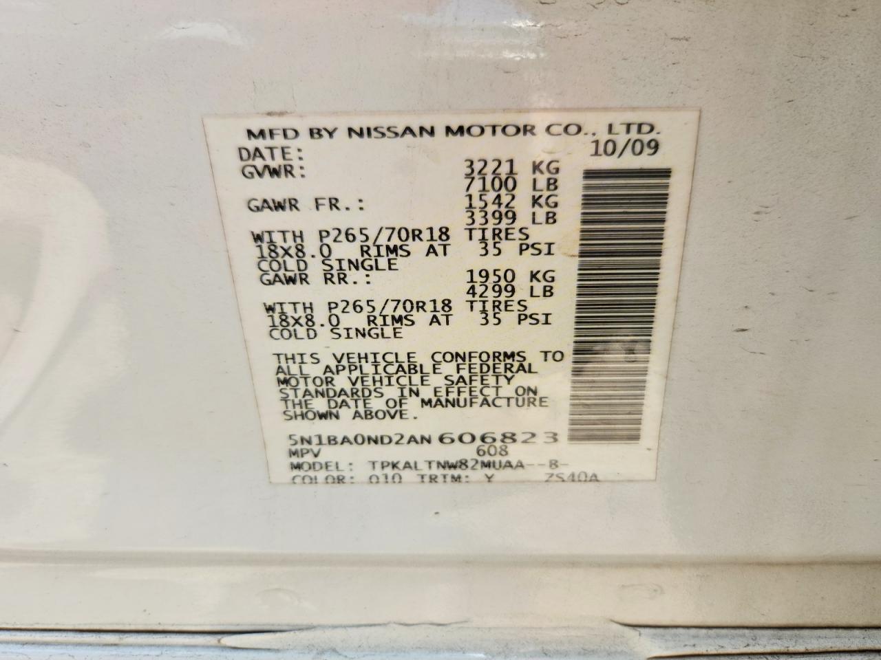 2010 Nissan Armada Se White vin: 5N1BA0ND2AN606823